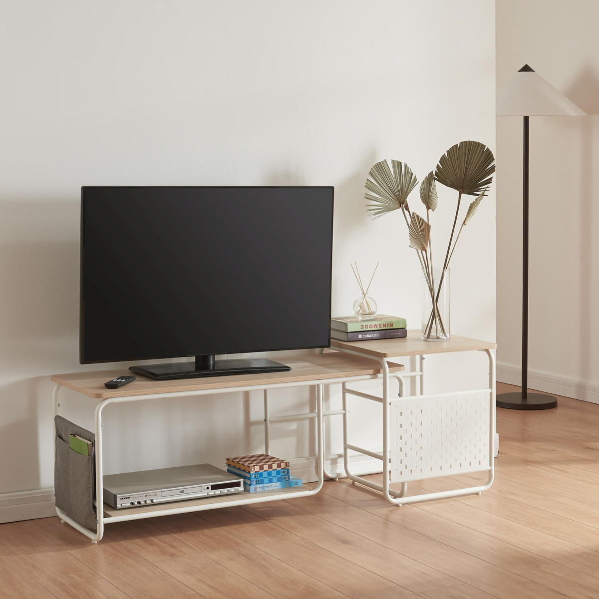 FERNSEHTISCH Dyrøy mit Beistelltisch - Eichefarben/Weiß, Metall (110/46.5/40cm) - [en.casa]