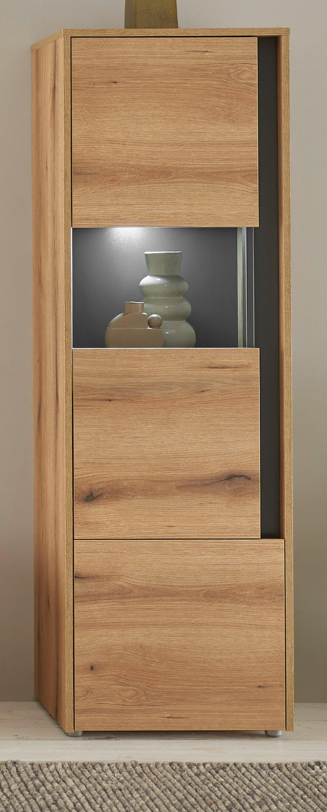 VITRINE Eiche Evoke 50 x 155 cm, Vitrinenschrank 2-türig mit 4 Fächern - Eichefarben/Schwarz, Glas/Holzwerkstoff (50/155/40cm) - Furn.Design