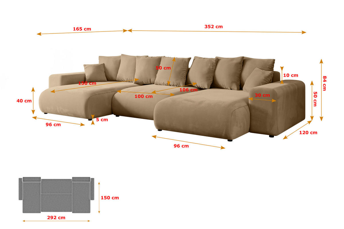 WOHNLANDSCHAFT mit Schlaffunktion und Bettkasten ESKAR-U -352x165x84cm Beige Velours - Beige/Schwarz, Holzwerkstoff/Kunststoff (352/84/165cm) - ALTDECOR