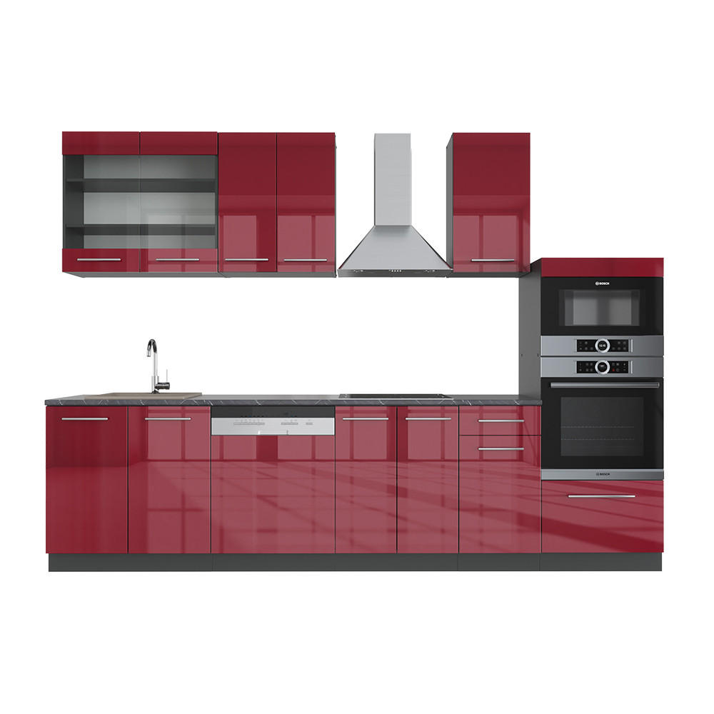 KÜCHENZEILE Fame-Line Bordeaux Hochglanz/Anthrazit 300 cm AP Anthrazit - Bordeaux/Anthrazit, Holzwerkstoff (300/81.6/60cm) - Vicco