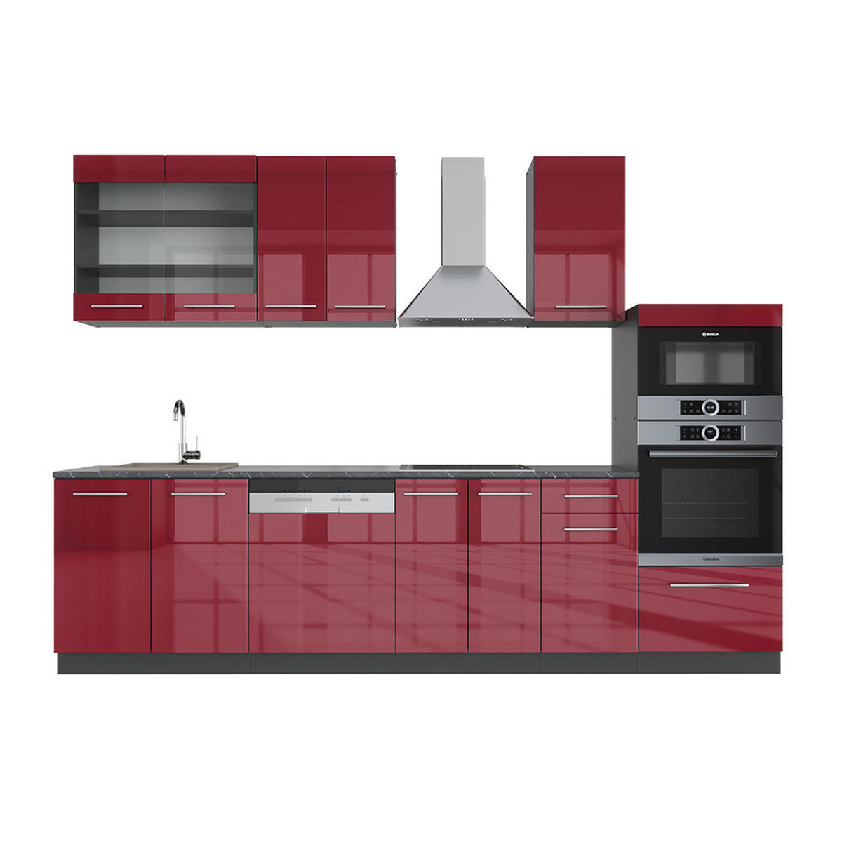 KÜCHENZEILE Fame-Line Bordeaux Hochglanz/Anthrazit 300 cm AP Anthrazit - Bordeaux/Anthrazit, Holzwerkstoff (300/81.6/60cm) - Vicco