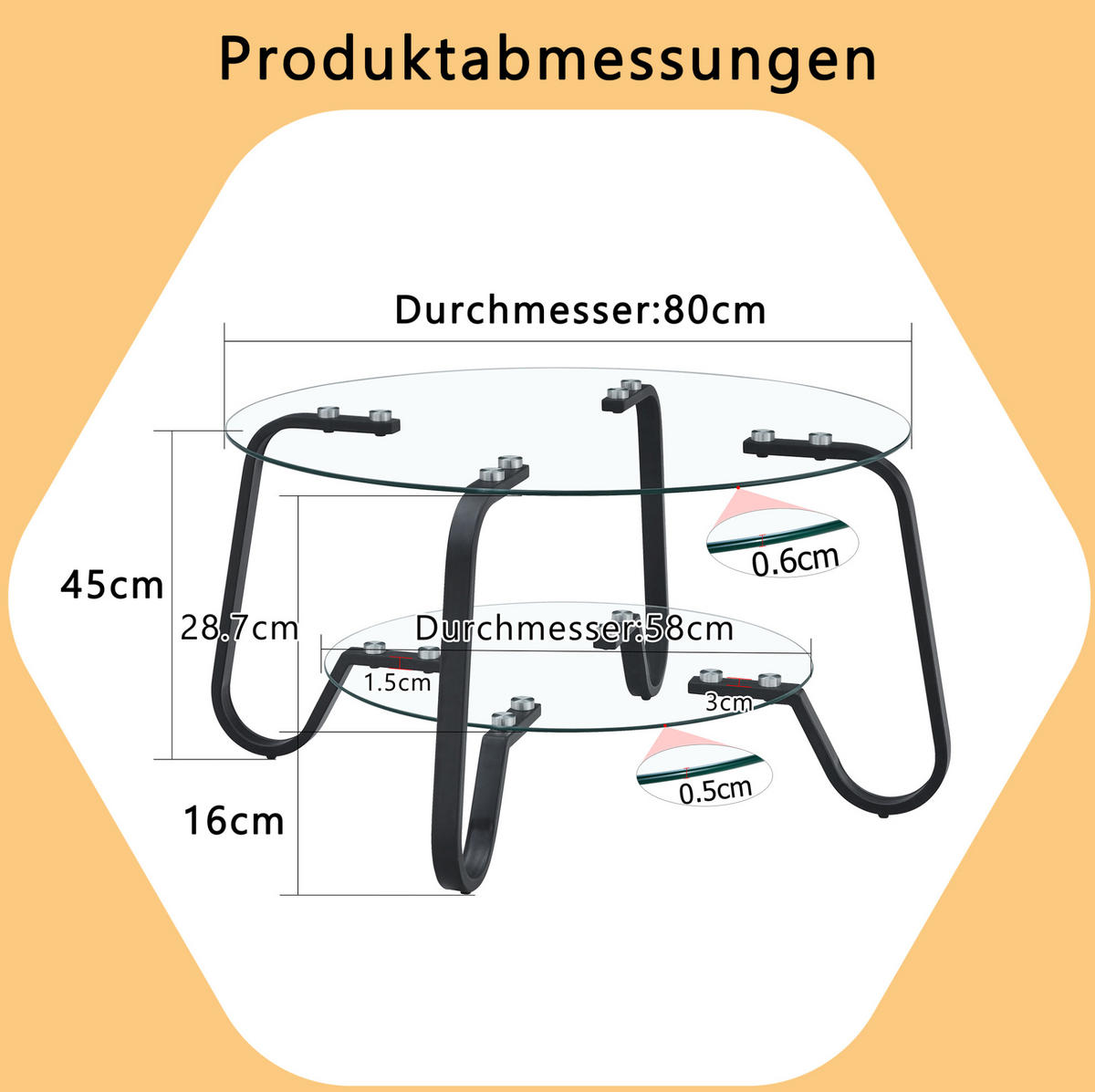 COUCHTISCH 80/80/45 cm rund mit 2 Glasablagen und Metallgestell im Industrial-Stil, Schwarz - Schwarz, Metall (80/80/45cm) - Redom