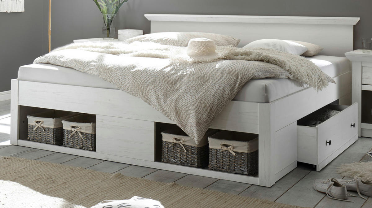 BETT Pinie weiß Liegefläche 180 x 200 cm, Stauraumbett mit Bettschubkasten - Schwarz/Weiß, Holzwerkstoff/Kunststoff (180/200cm) - Furn.Design