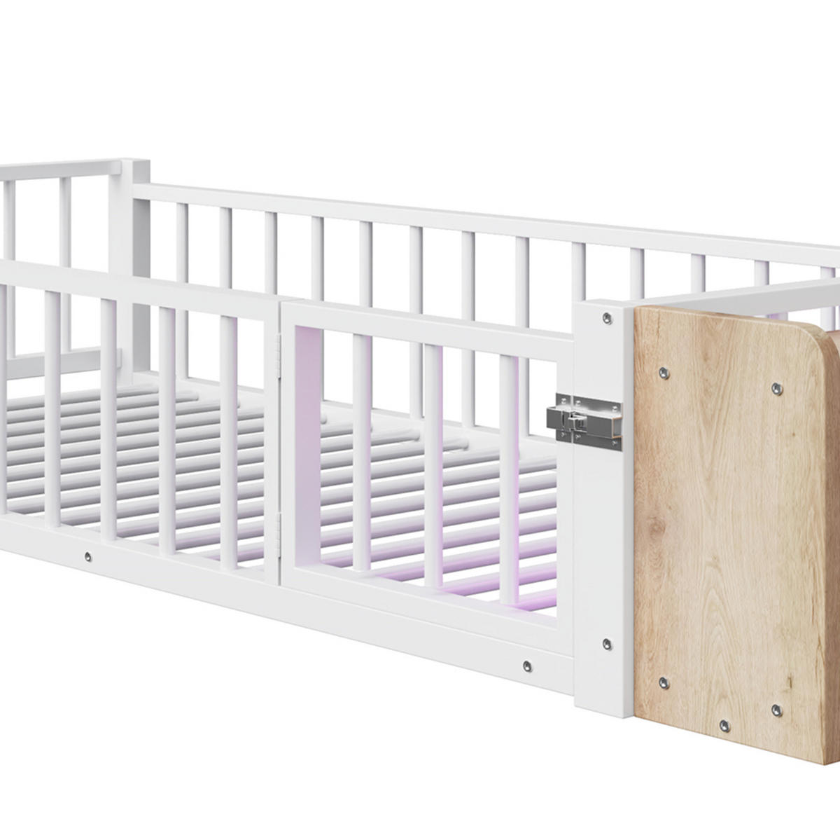 KINDERBETT aus Metall und MDF 90x200 cm Weiß mit Schutzgeländer, offenem Staufach und LED-Beleuchtung - Weiß, Holzwerkstoff (90/200cm) - Modfu