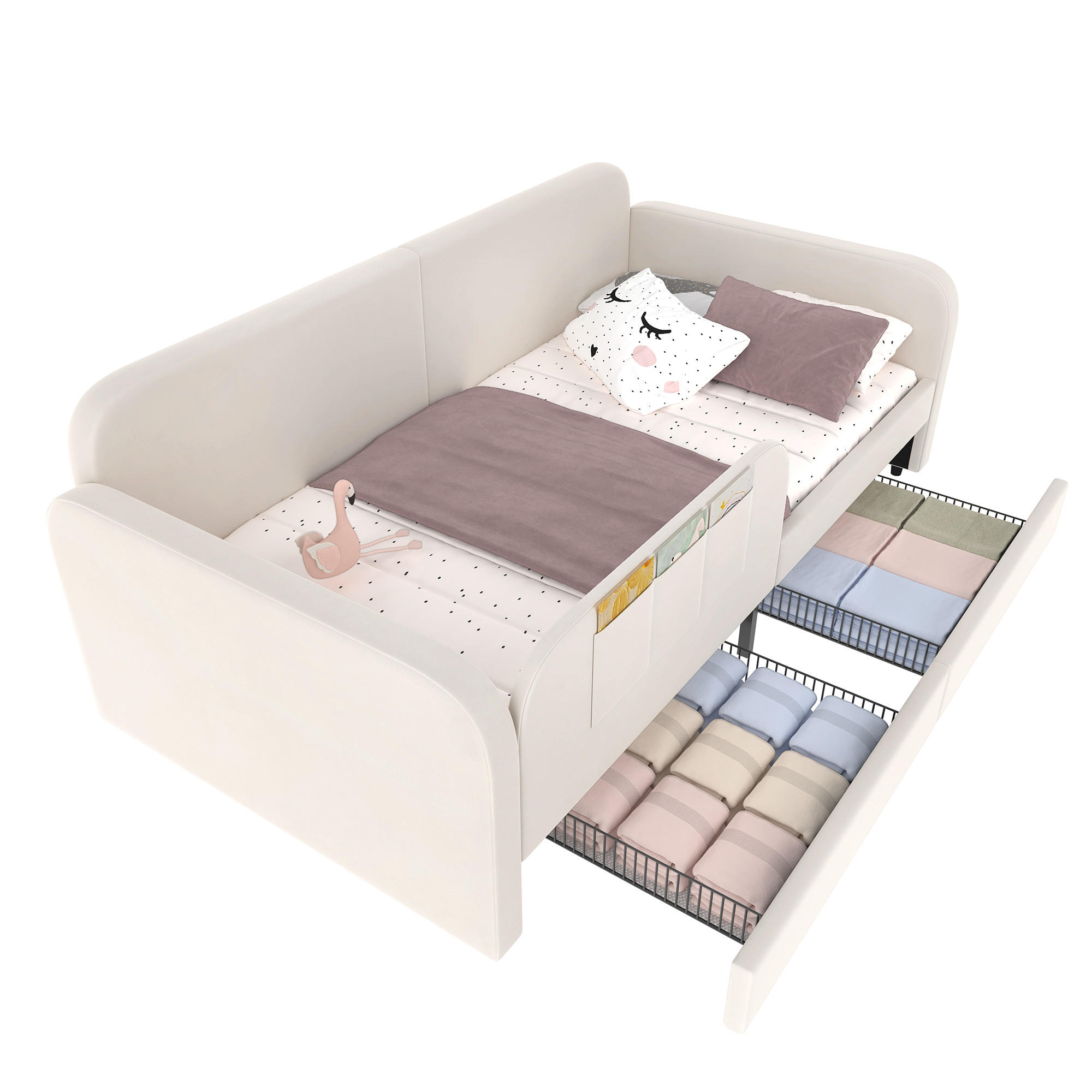 KINDERBETT 90/200 cm in Weiß mit 2 Schubladen und Taschen Samt - Weiß, Holzwerkstoff/Textil (90/200cm) - CHICFURN