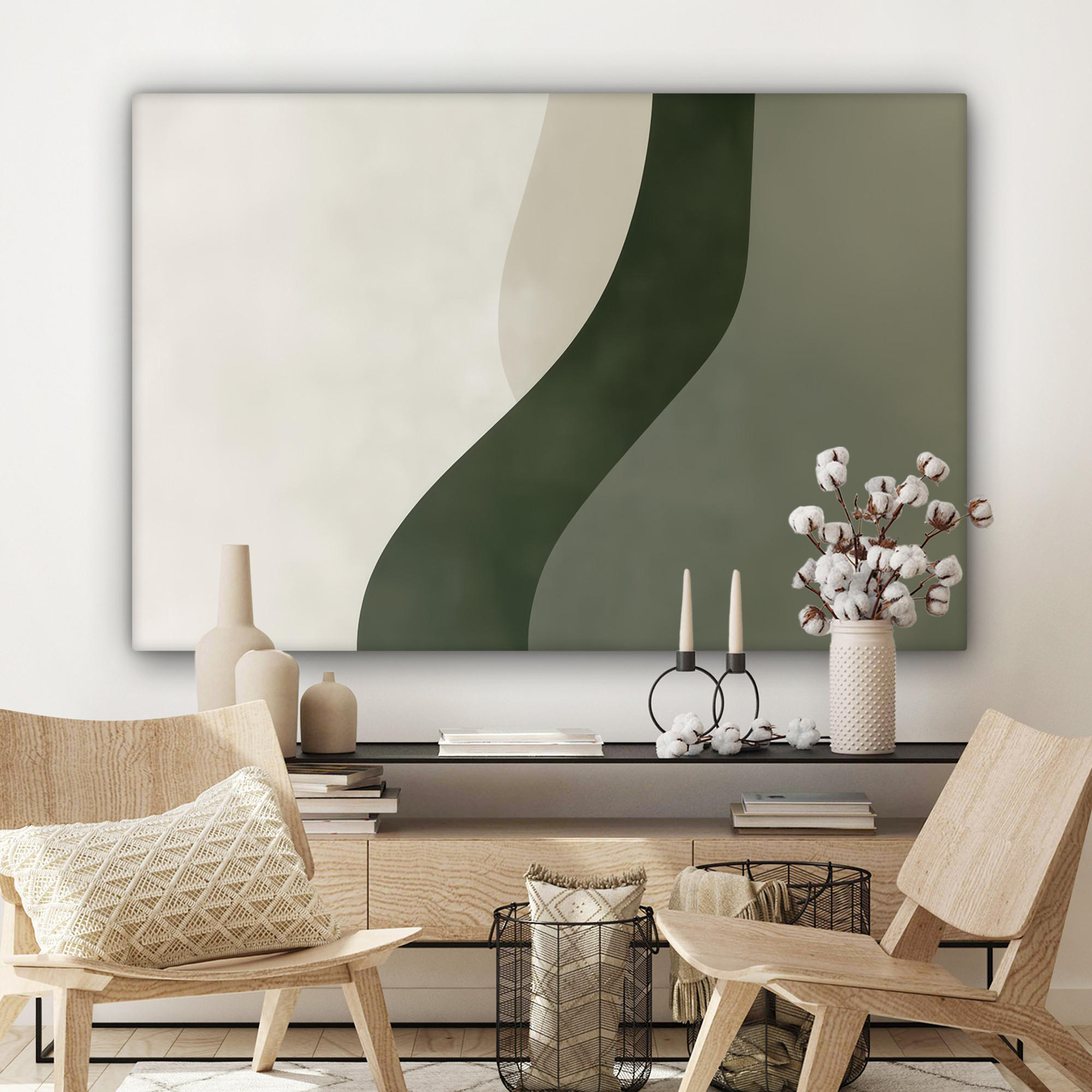 LEINWANDBILD Japandi - Grün - Abstrakt - Modern XXL 150x100 cm - Salbeigrün, Textil (150/100cm) - MuchoWow