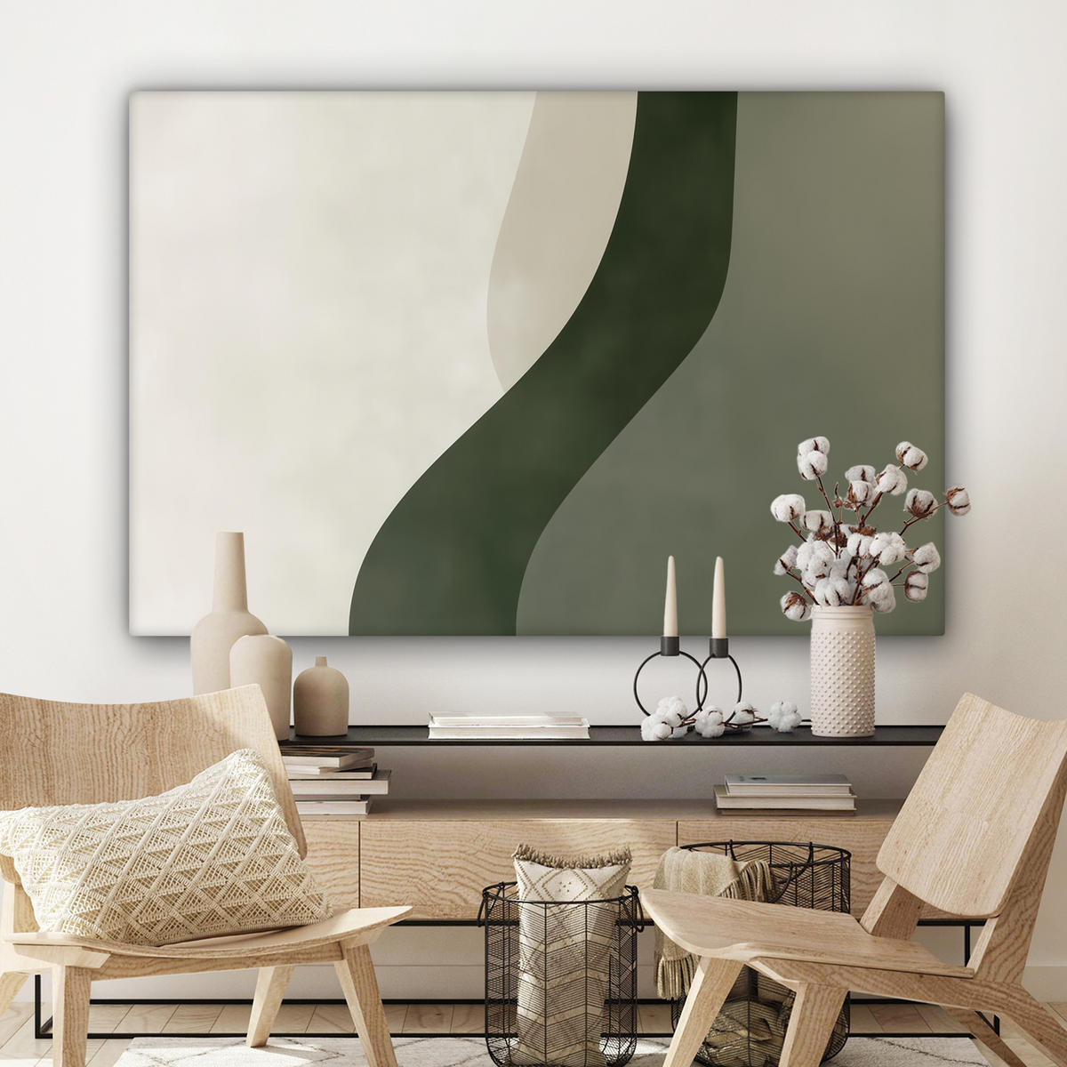 LEINWANDBILD Japandi - Grün - Abstrakt - Modern XXL 150x100 cm - Salbeigrün, Textil (150/100cm) - MuchoWow