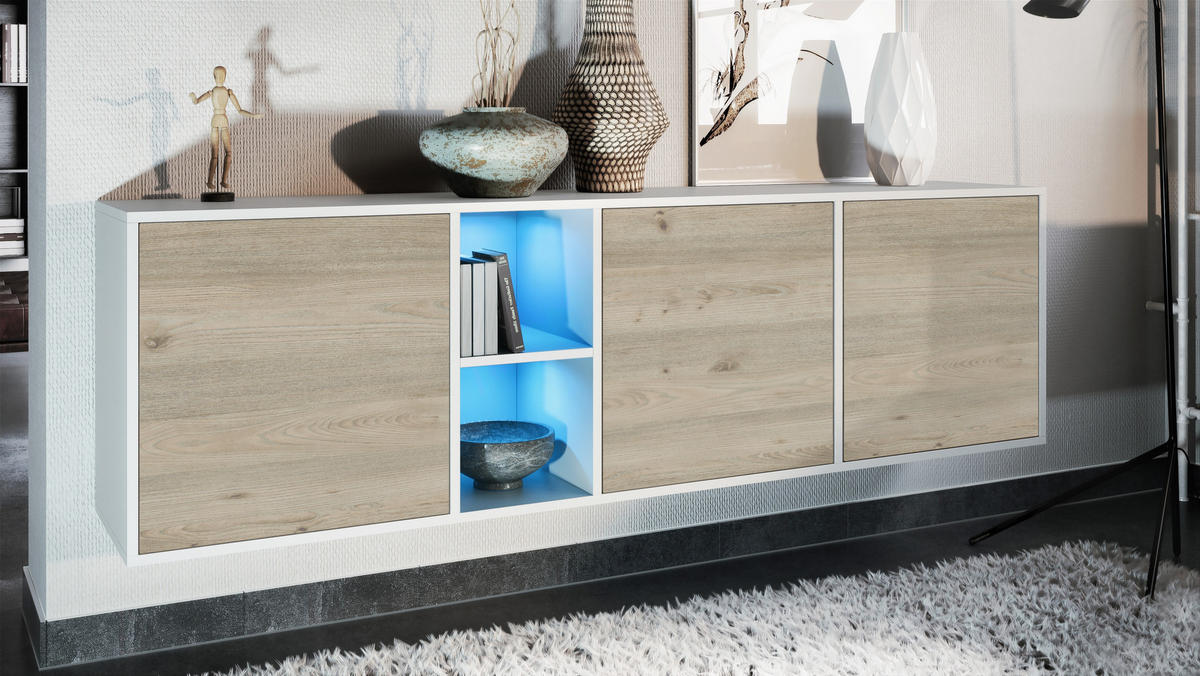 SIDEBOARD Cuba Türen in Eiche Nordic - Silbereichenfarben, Holzwerkstoff (182/53/35cm) - Vladon