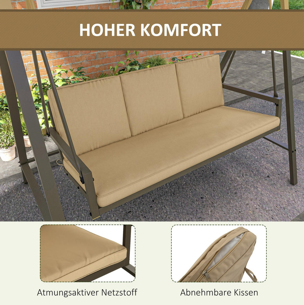 HOLLYWOODSCHAUKEL 3-Sitzer mit kippbarem Sonnendach und Polsterung, Beige - Beige, Textil (125/175/200cm) - Redom