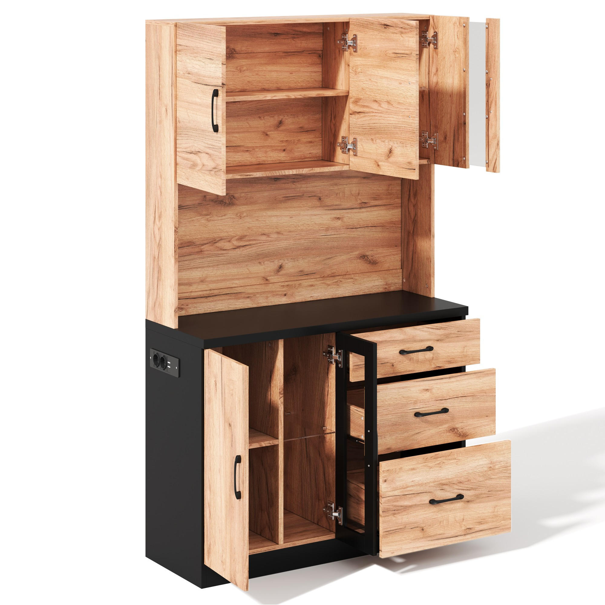 BUFFET 105/40/180 cm Neutral mit LED-Beleuchtung, verstellbaren Einlegeböden und Steckdose im Euro-Stil - Naturfarben, Holz (105/180/40cm) - Oxeza