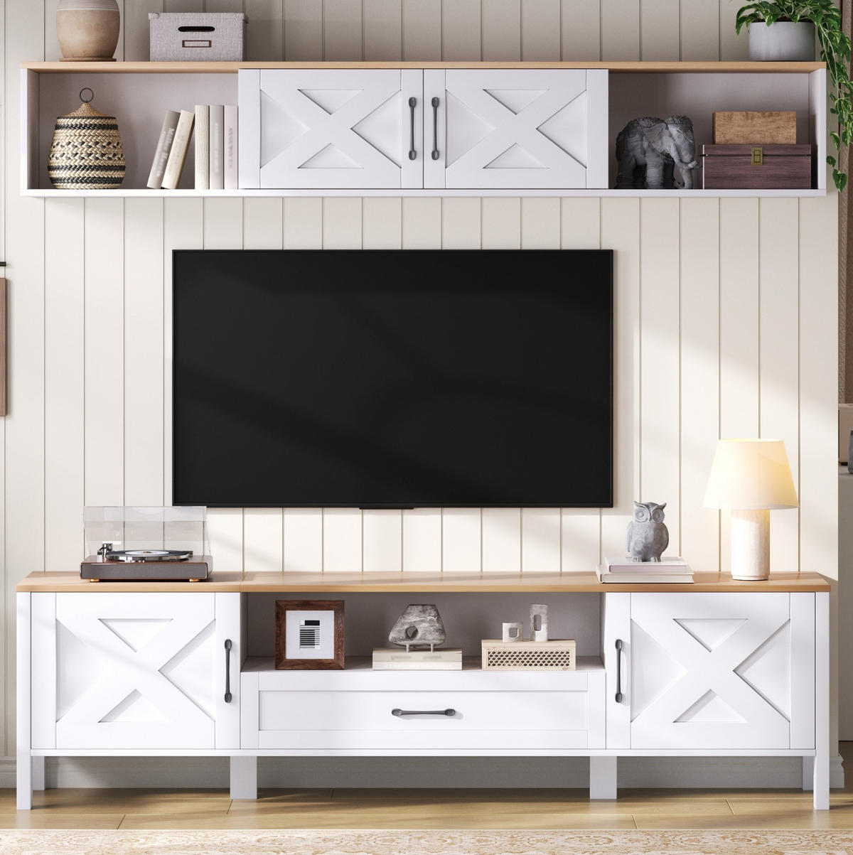 TV sestava 180/40/50 cm z MDF s nástěnnou vitrínou, 4 skříňky a zásuvkou, Bílá - bílá, kompozitní dřevo (180/50/40cm) - Redom