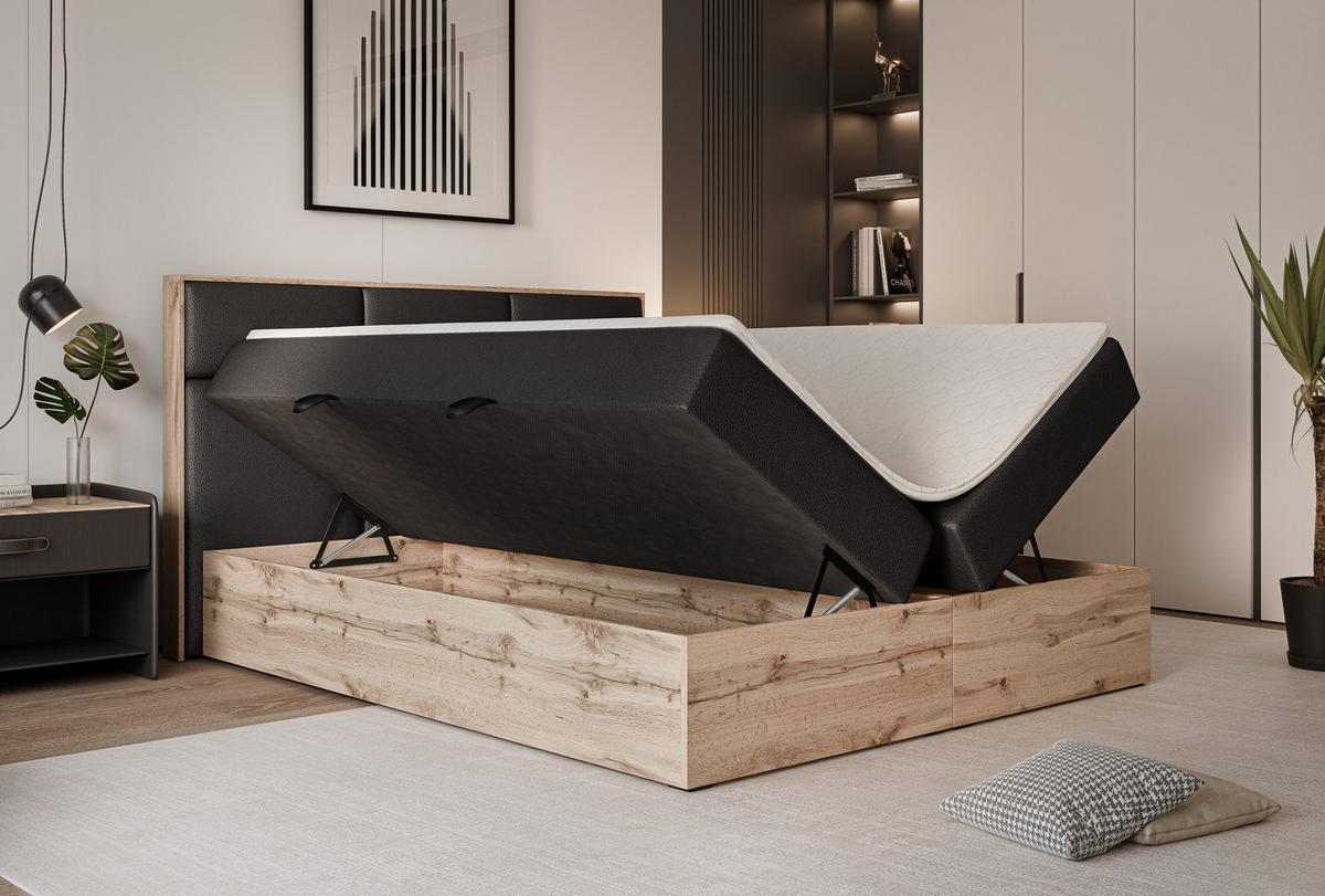 BOXBETT LAVIO 160/200 cm, in Schwarz, mit Matratze und Topper - Schwarz, Holzwerkstoff/Textil (160/200cm) - Idohome