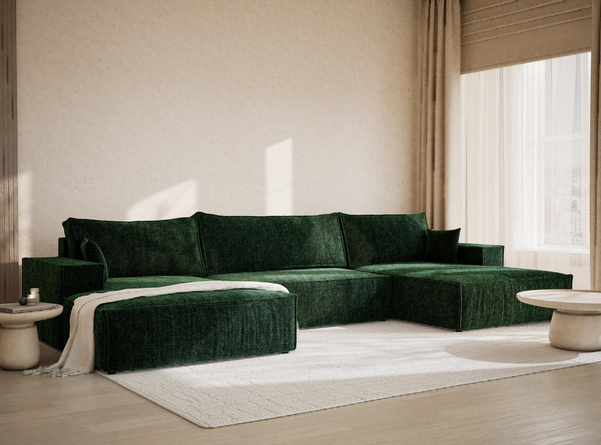 WOHNLANDSCHAFT Kyoto Dunkelgrün Chenille-Stoff - Dunkelgrün/Schwarz, Holz/Holzwerkstoff (398/70/148cm) - Maison de Reve