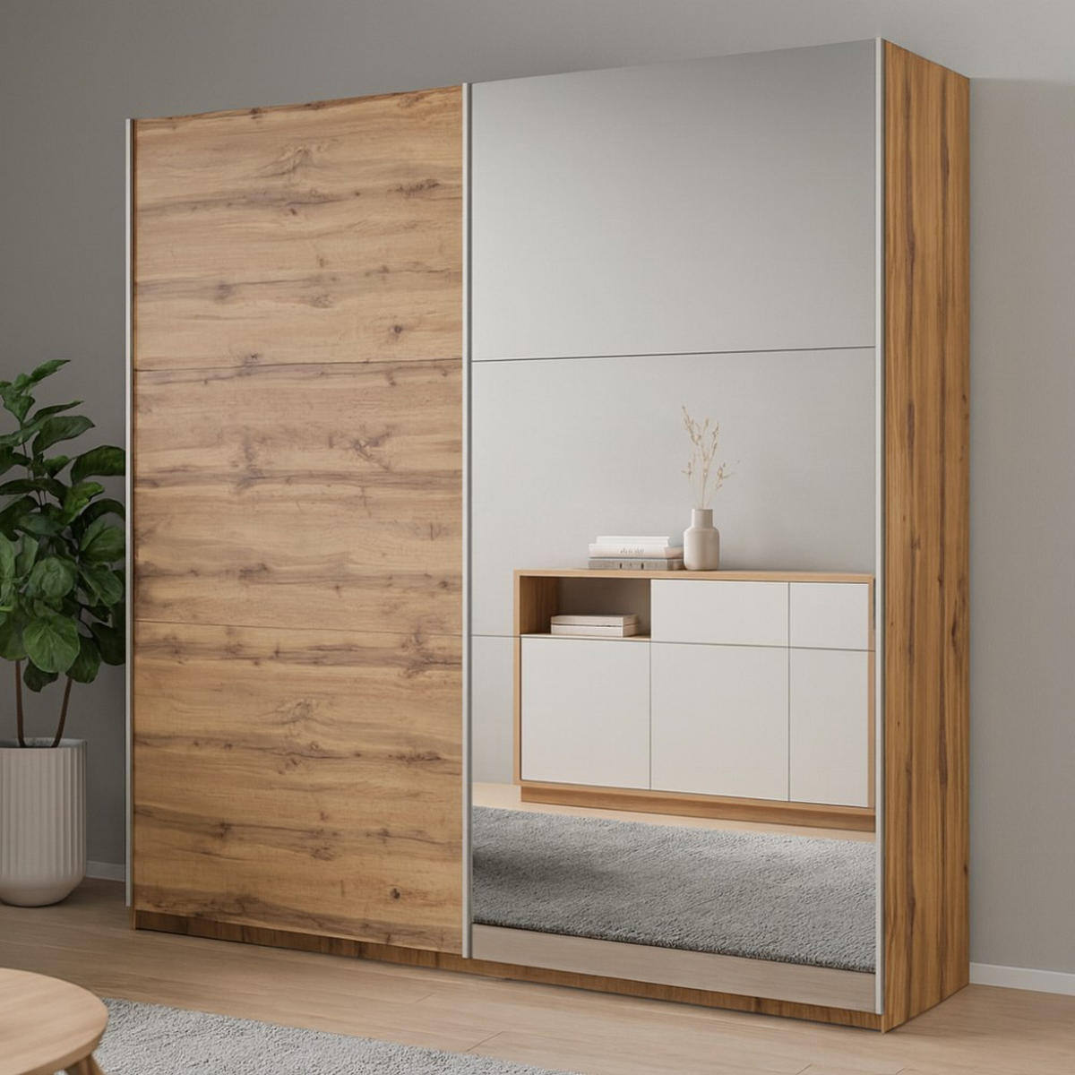 SCHWEBETÜRENSCHRANK Rossa mit 2 Türen und Spiegel, 225 cm, eiche Wotan - Eiche Wotan, Holzwerkstoff (225/244/65cm) - Beautysofa