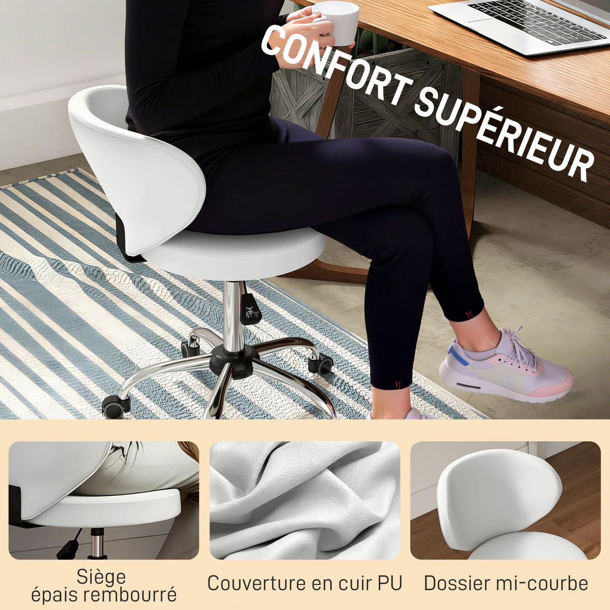 BÜROHOCKER DE-18038 höhenverstellbar 73-88 cm, gepolstert Weiß - Weiß, Metall (45/88/54cm) - ComfortXL