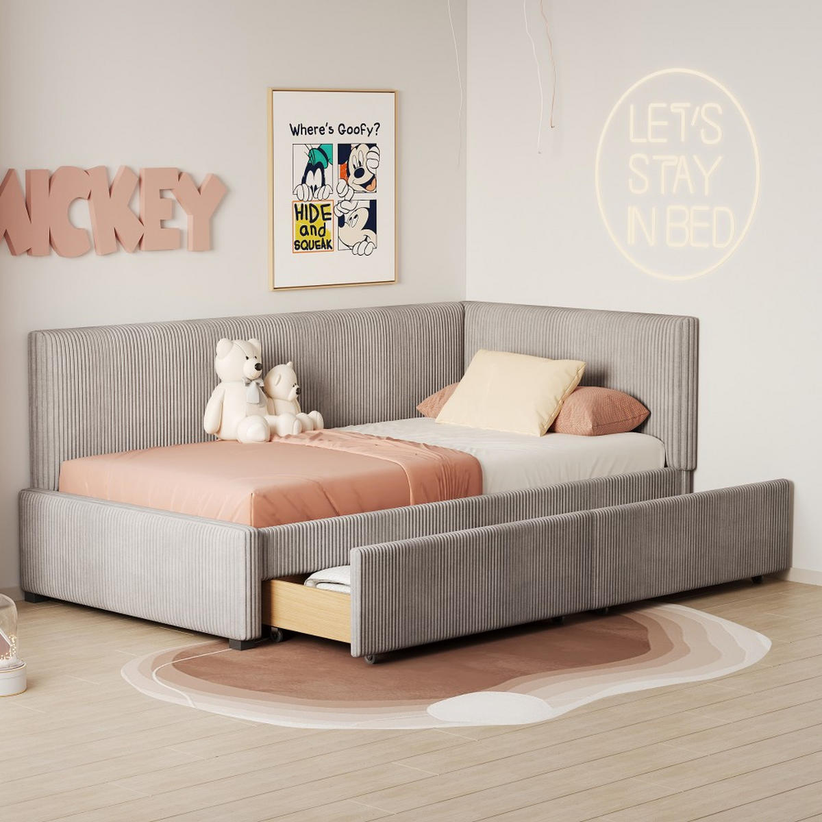 SCHLAFSOFA 90x200 cm in Grau Samtstoff mit 2 großen Stauraumschubladen - Grau, Holz/Textil (97/68/204.5cm) - KOMHTOM