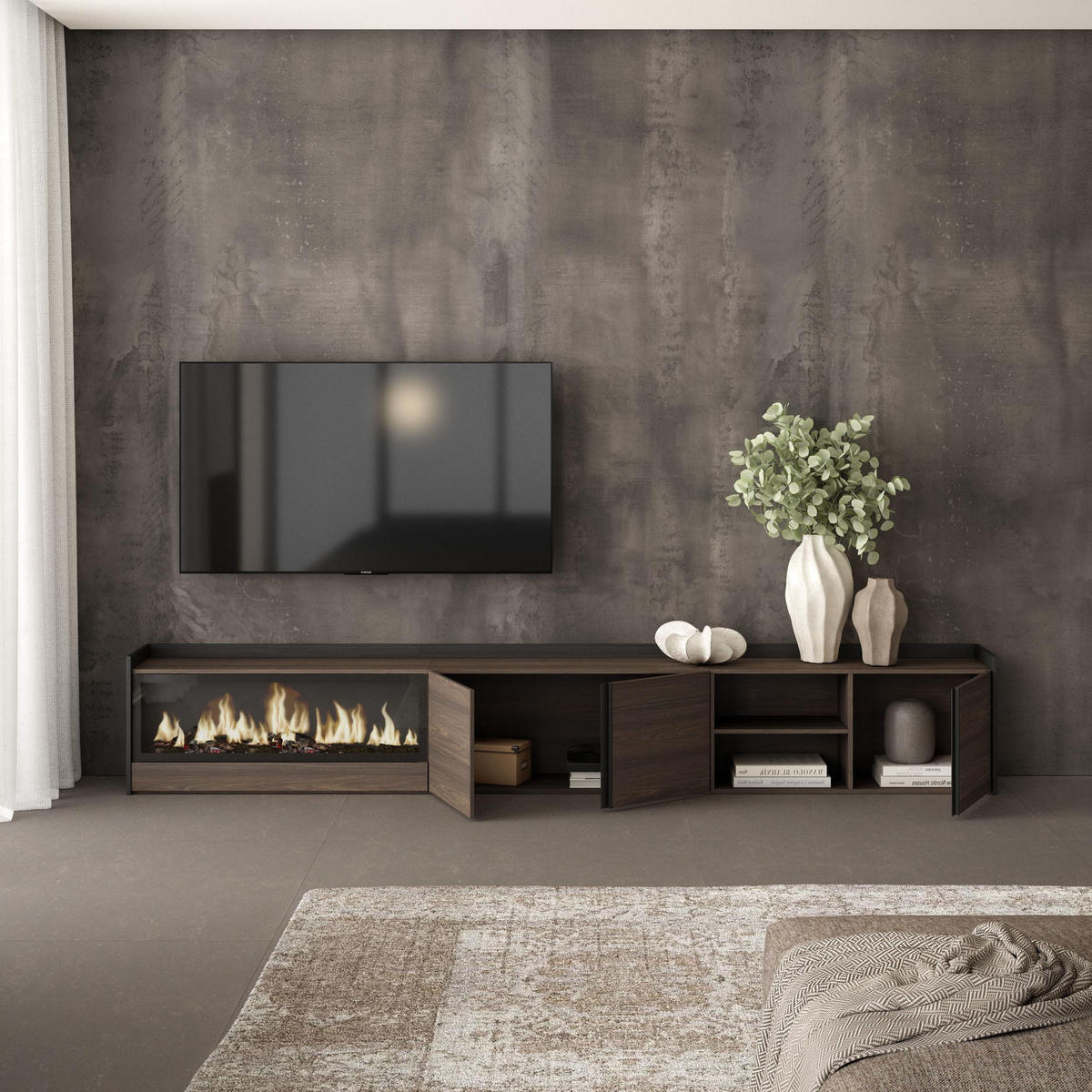 LOWBOARD, Dunkler Eiche und Schwarz, 315/35/50cm, Kamin mit Feuereffekt XXL - Dunkelbraun, Holzwerkstoff (315/50/35cm) - Skraut Home