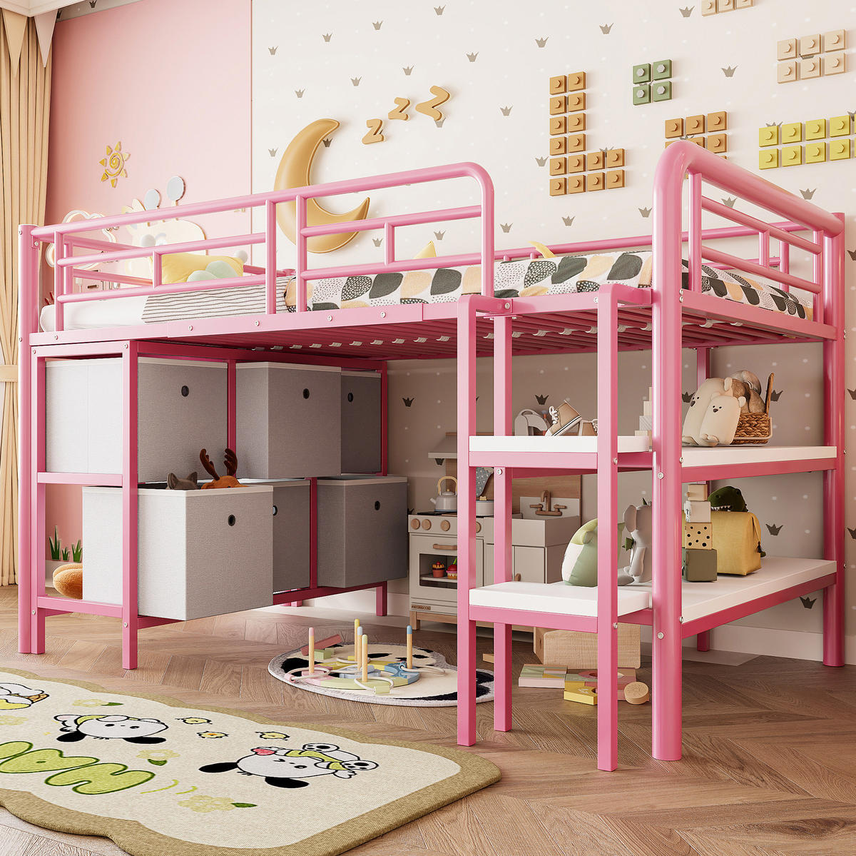 HOCHBETT aus Metall 90x200 cm in Rosa mit Treppe & Stauraum - Rosa, Metall (90/200cm) - Modfu
