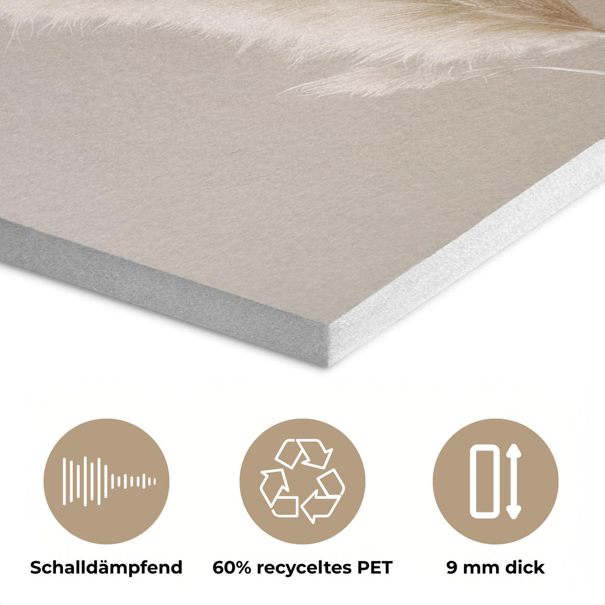 AKUSTIKPANEEL Pampasgras - Federn - Pastell - Weiß 90x90 cm - Naturfarben, Textil (90/0.9/90cm) - MuchoWow