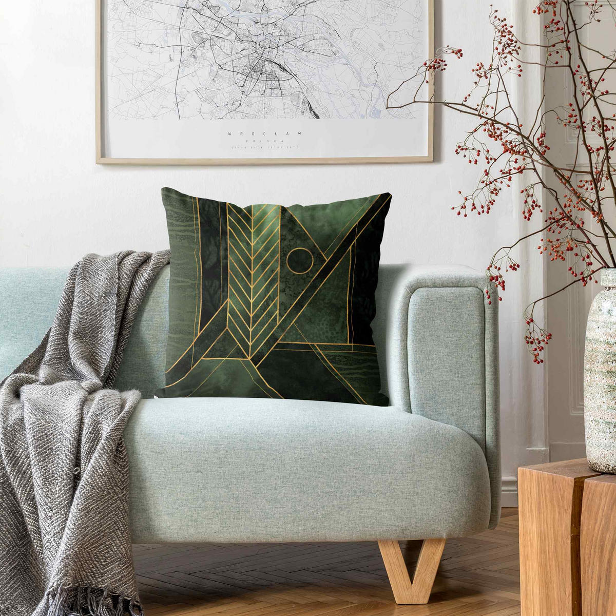 DEKOKISSEN Geometrische Formen Smaragd Gold 40/40 cm - Grün, Textil (40/40/10cm) - Bilderwelten