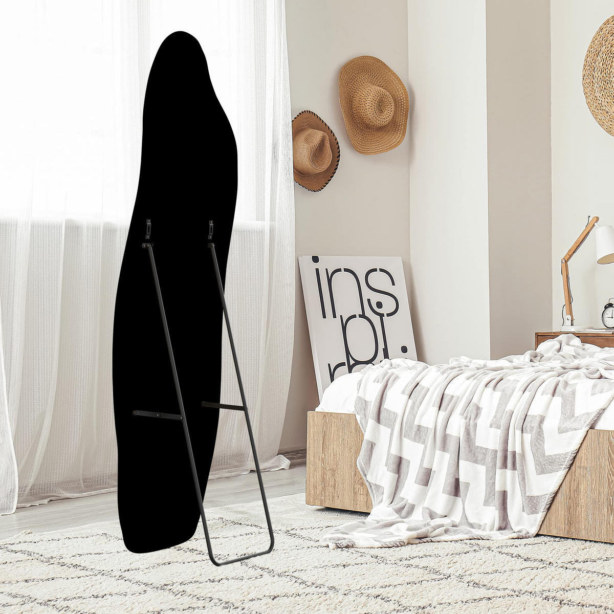 STANDSPIEGEL 160 x 50 cm, Spiegel in Delfinform, Wandspiegel,Samtrahmen, schwarz - Schwarz, Glas/Textil (50/160/3cm) - WoodenAura