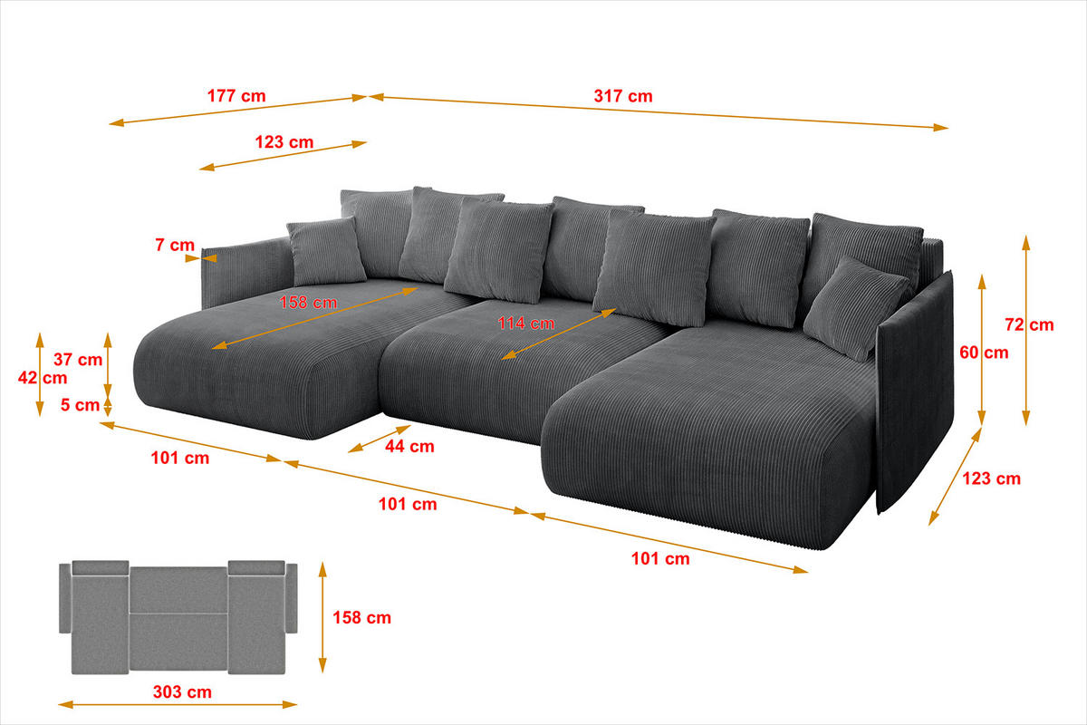 WOHNLANDSCHAFT mit Schlaffunktion und Bettkasten ONESK-U 317x177x72 Dunkelgrau Cord - Dunkelgrau, Holzwerkstoff/Kunststoff (317/72/177cm) - ALTDECOR