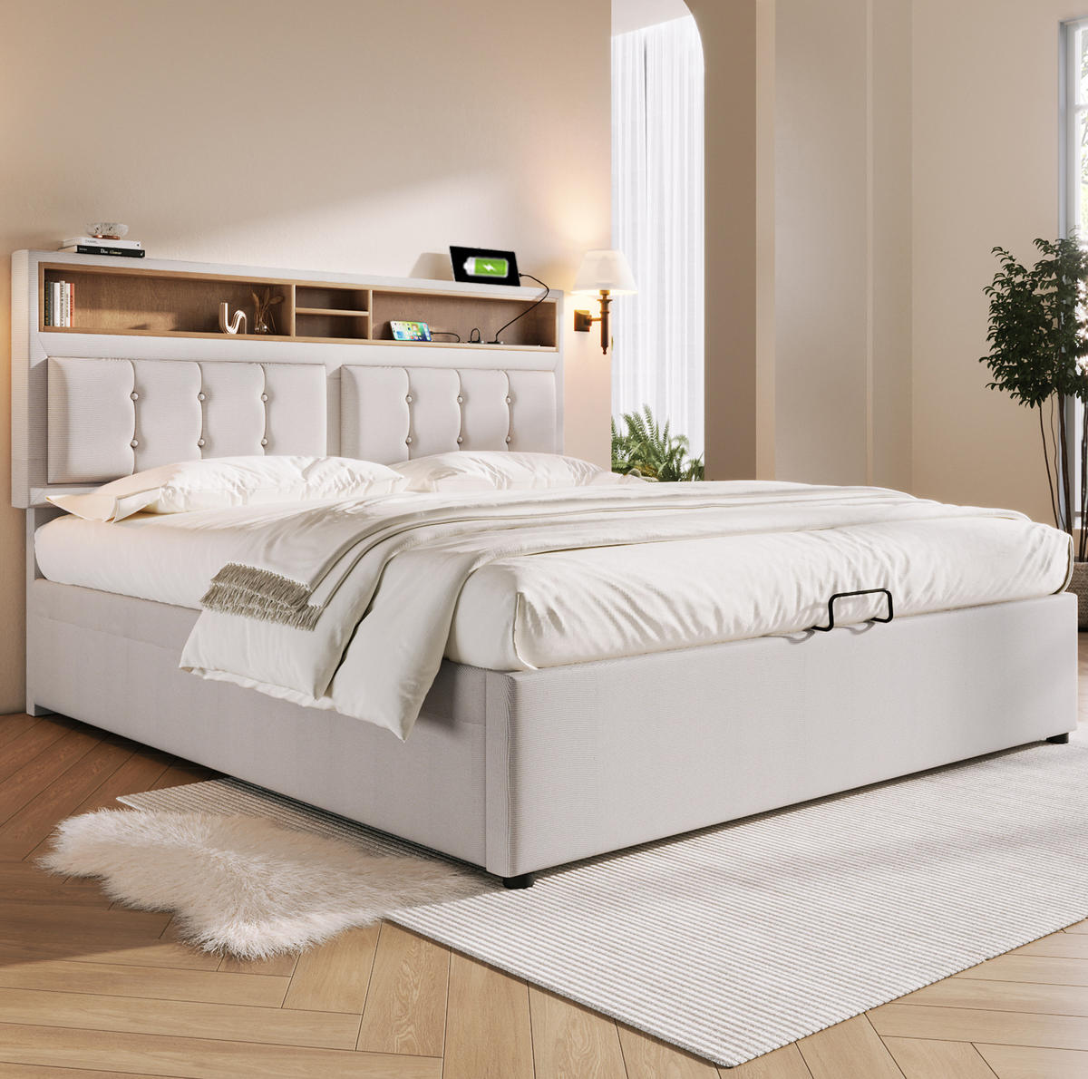 POLSTERBETT aus Leinen 140x200 cm Beige mit Matratze, Stauraum, USB- und Type-C-Anschluss - Beige, Textil (140/200cm) - IVMEU