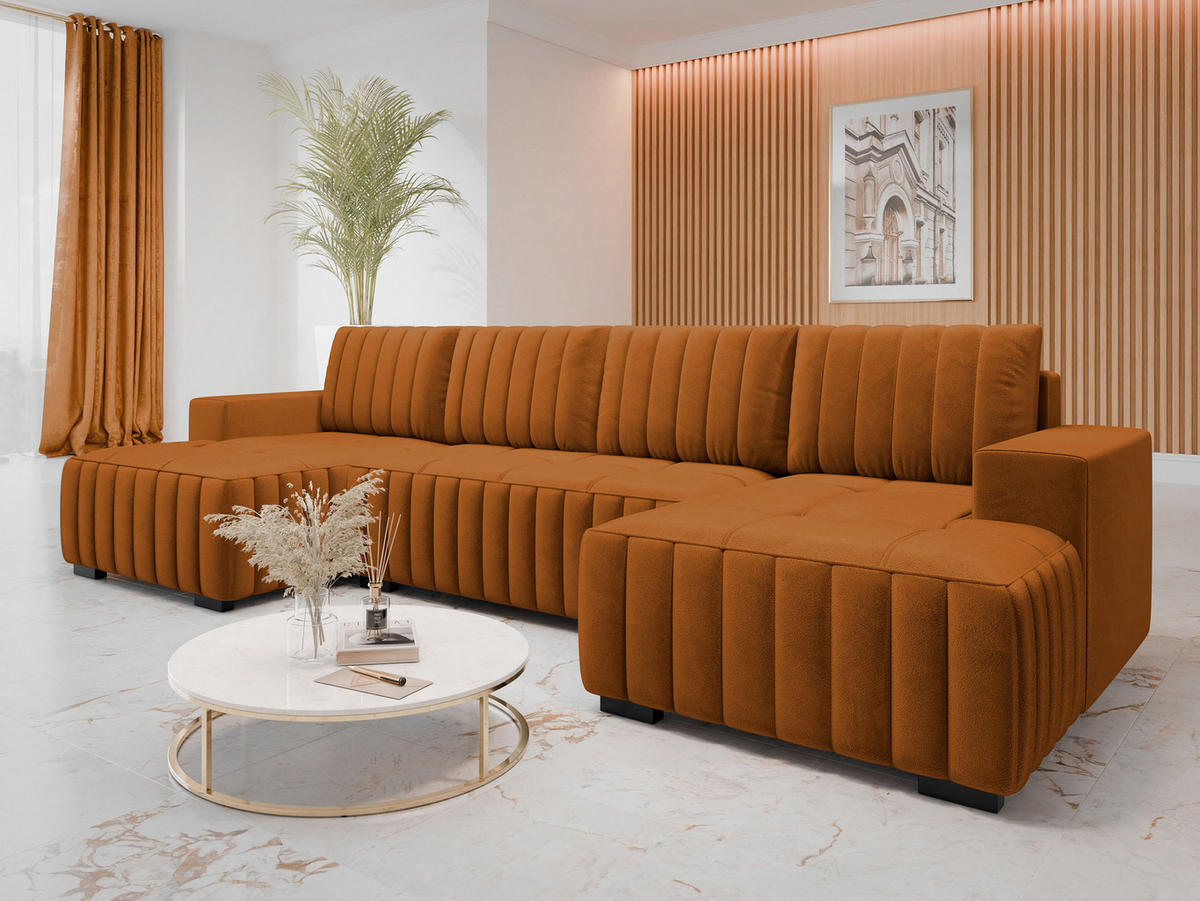 WOHNLANDSCHAFT Hugo U - Braun/Orange, Holz/Textil (310/85/140cm) - MIRJAN24