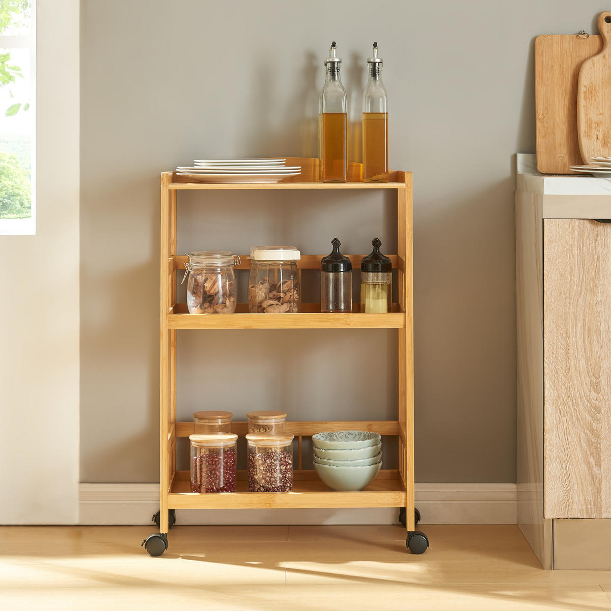 SERVIERWAGEN Huddinge - Schwarz/Naturfarben, Holz/Kunststoff (53/80/30cm) - [en.casa]