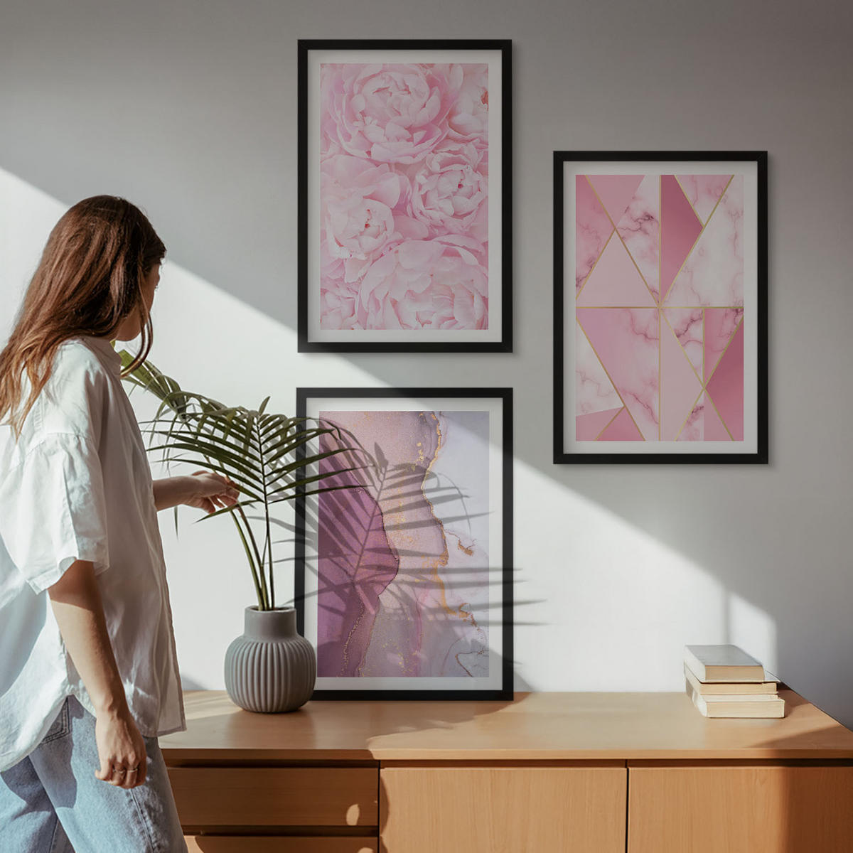 BILDER SET 3er Set - 40x60 cm Schwarzer Rahmen - Rosa geometrische Pfingstrosen - Schwarz, Kunststoff (40/60cm) - TULUP