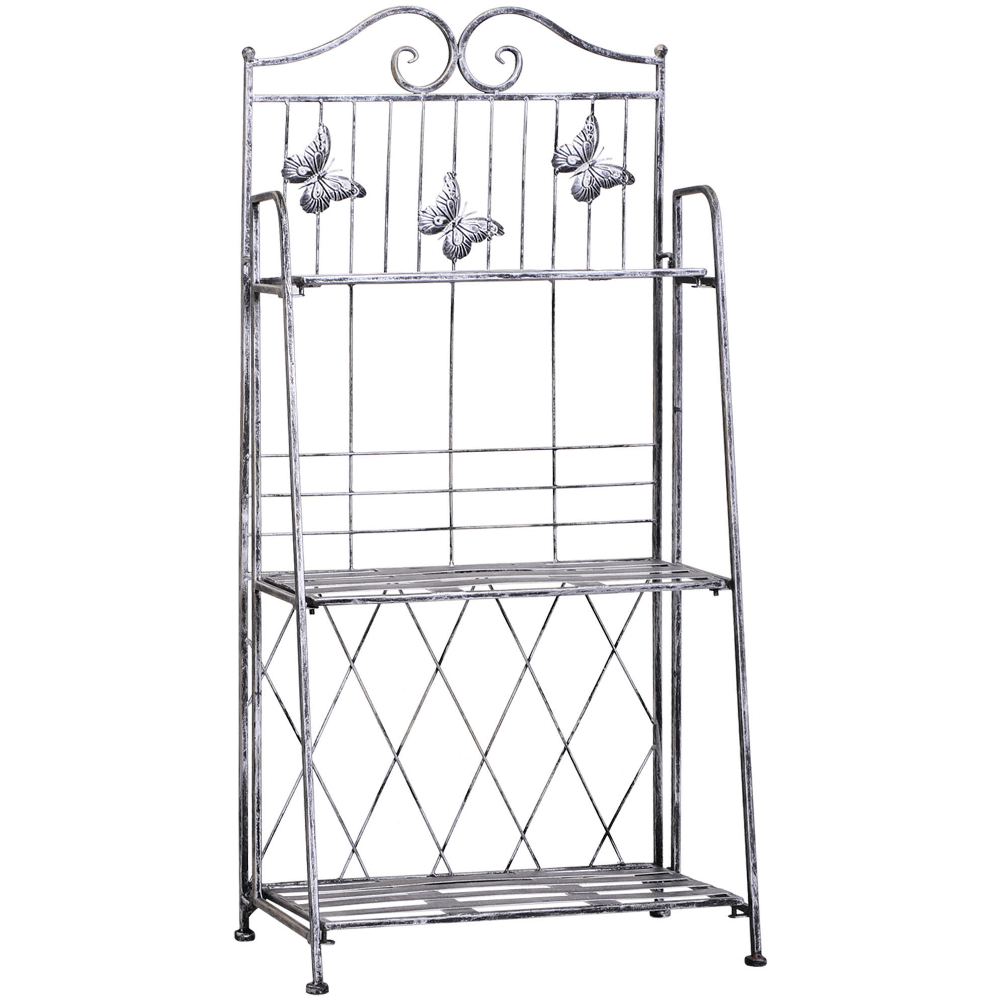 Modfu STOJAN na květiny z kovu 44x25x96 cm šedý skládací s antik efektem a 3 policemi