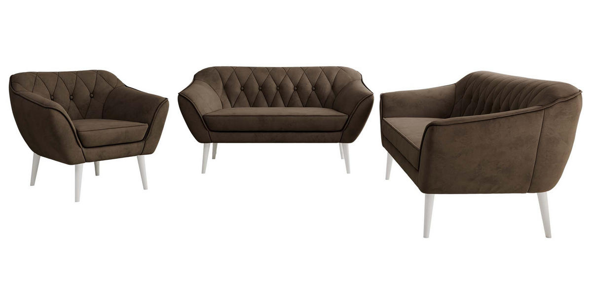 SITZGARNITUR PIRS 3+2+1 - Braun Velvet - Weiße Beine - Dunkelbraun/Braun, Holzwerkstoff/Textil (180/75/74cm) - MKS