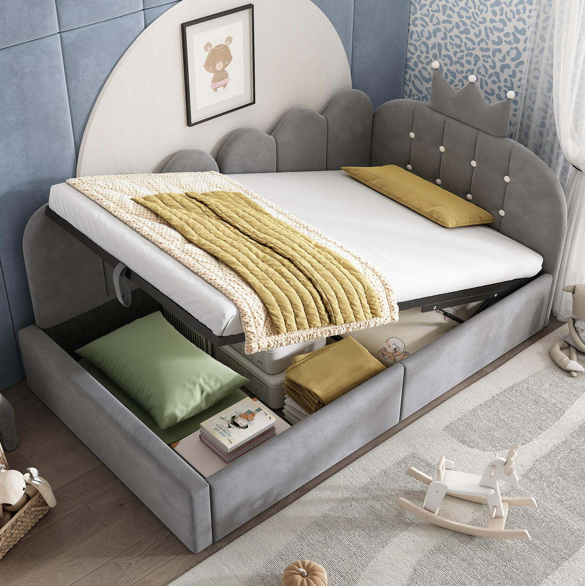 POLSTERBETT 90/200 cm grau aus Samt mit Stauraum und Lattenrost - Grau, Holzwerkstoff (90/200cm) - OKWISH