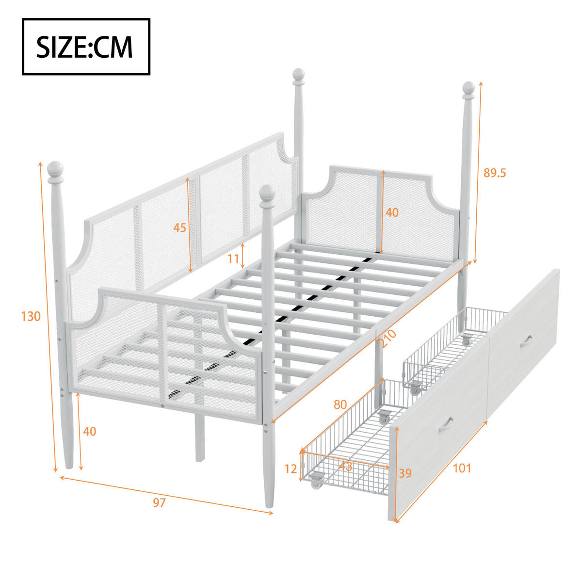 METALLBETT 90/200 cm weiß mit Vintage-Rückenlehne und Ablagefächern - Weiß, Metall (90/200cm) - OKWISH