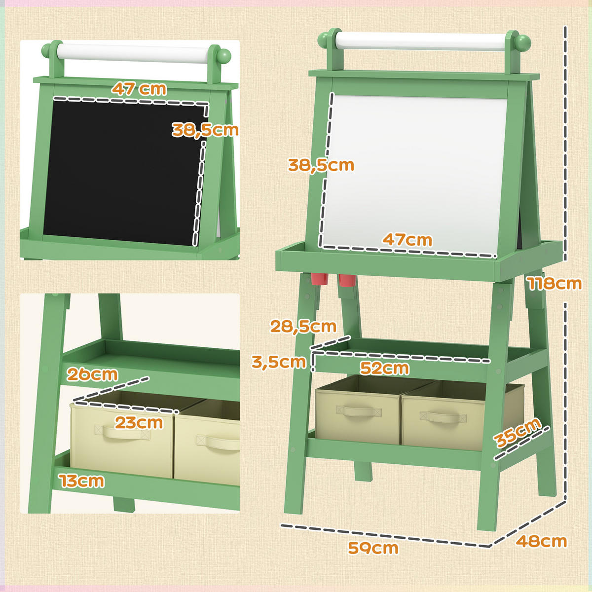 MALTAFEL DE-18199 3-in-1 mit Magnet- & Kreidetafel Grün - Grün, Holzwerkstoff (48/118/59cm) - ComfortXL