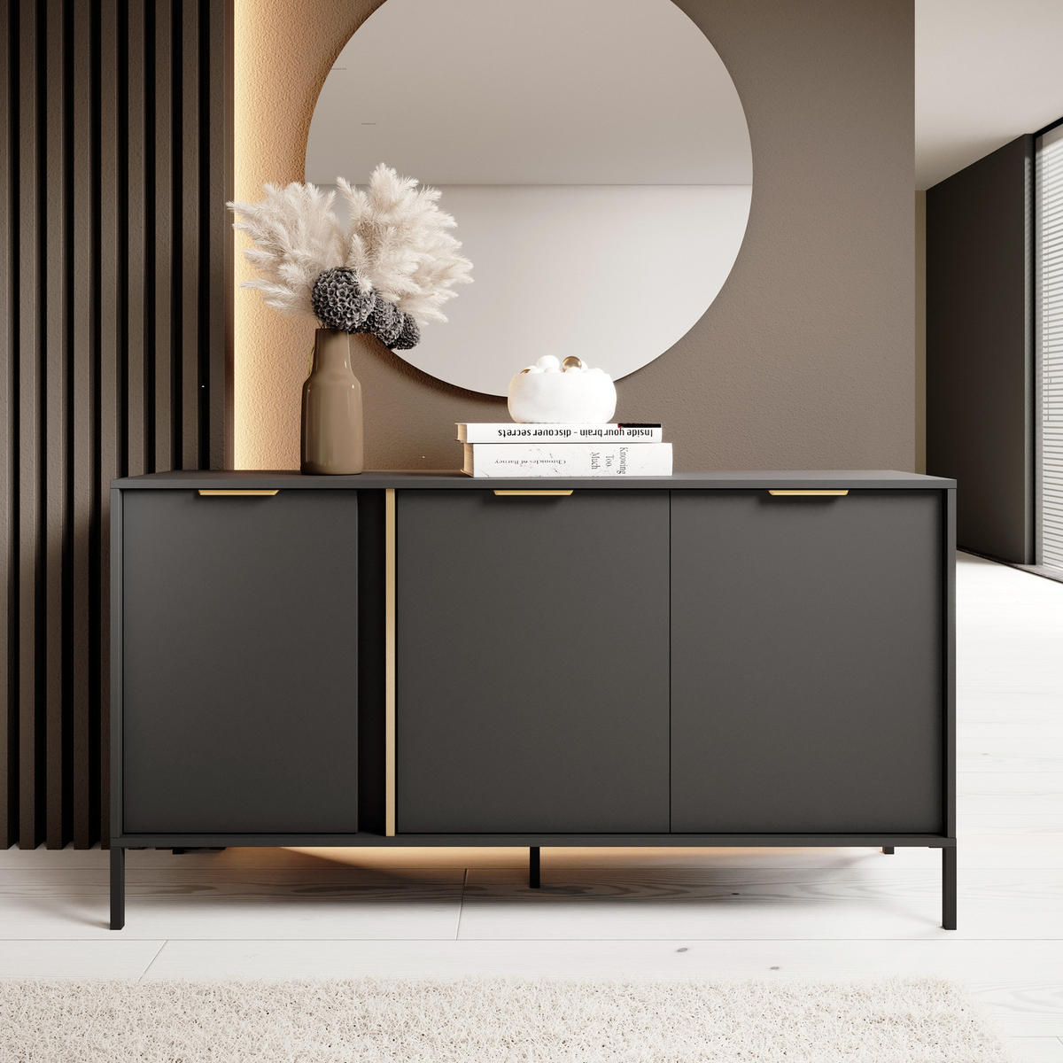 SIDEBOARD Valdi C 153 cm Anthrazit / Gold - mit 3 Türen - Anthrazit/Gelb, Holz/Holzwerkstoff (153/81/39cm) - Ravio