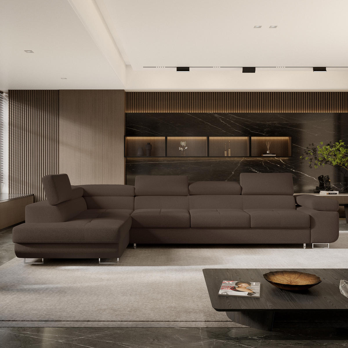 ROHOVÁ SEDAČKA VICENTE hnědá - stříbrná/hnědá, dřevo/kompozitní dřevo (346/202cm) - MASSENO