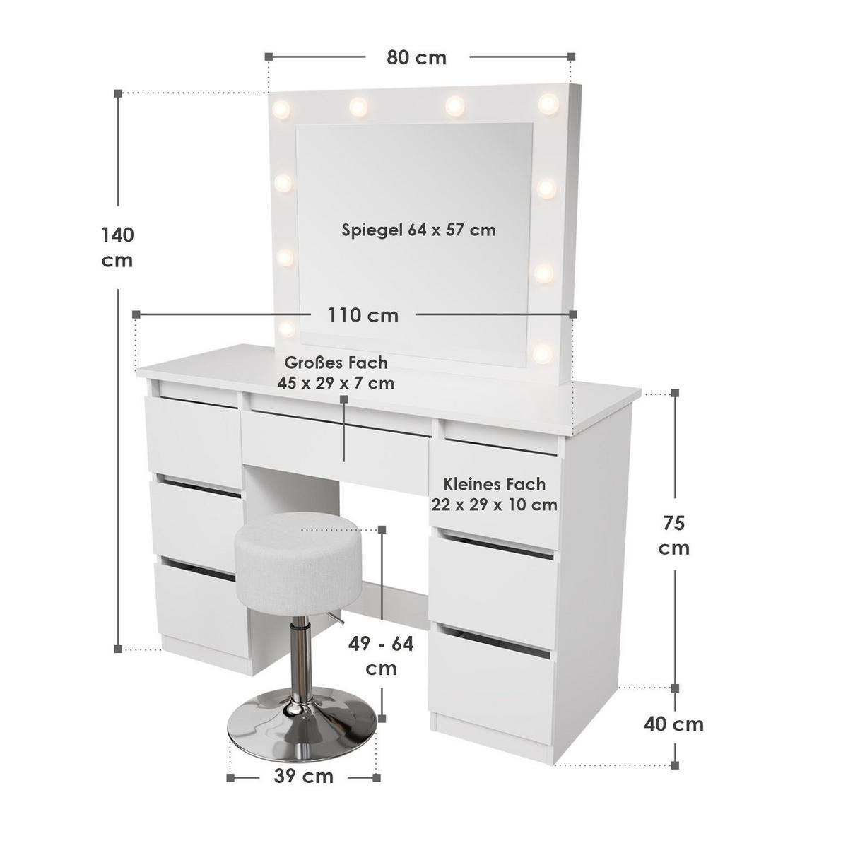 SCHMINKTISCH Talea mit LED (3 Lichtstufen) inkl Hocker Tonia - Weiß, Holz (110/141/40cm) - Juskys