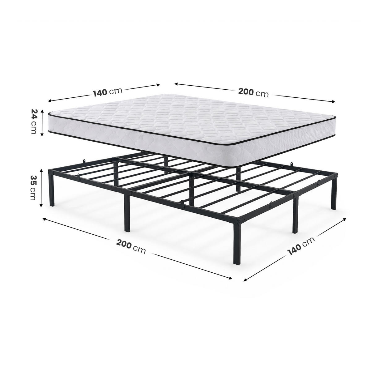 METALLBETT Klappbares mit Matratze 140x200 cm Schwarz - Schwarz, Metall - Akord