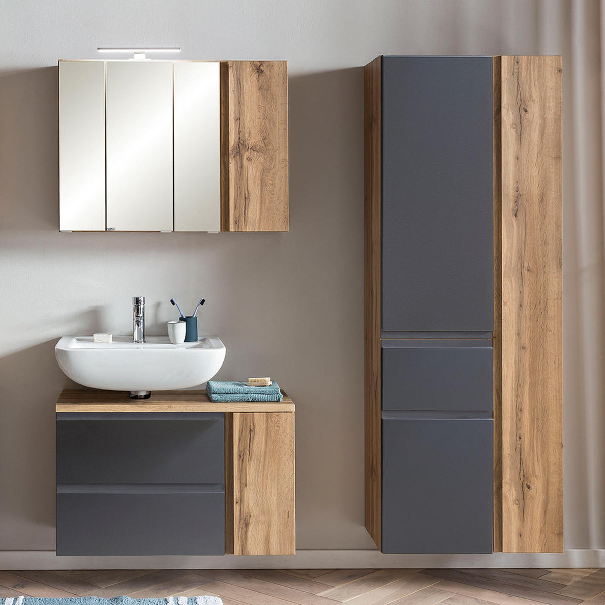 BADMÖBEL-SET 3-TLG. Vasto-03 - Grau, Holzwerkstoff (165/200/35cm) - Lomado