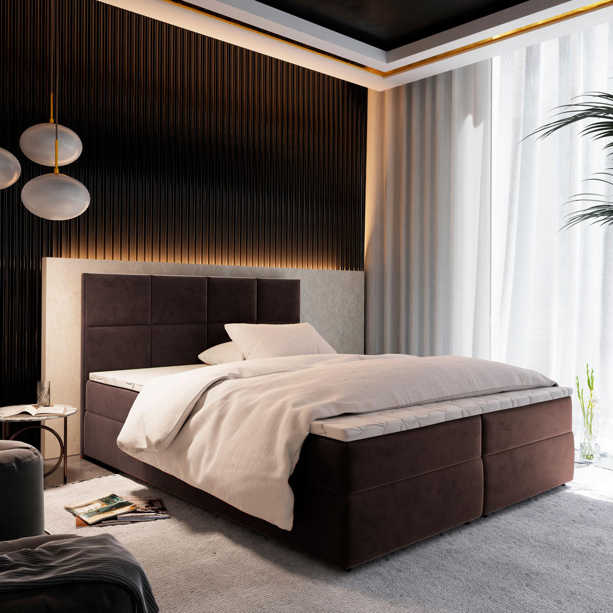 POSTEL BOXSPRING LENA 160x200 cm, s matrací a úložným prostorem, hnědá - hnědá, kompozitní dřevo/textil (160/200cm) - MASSENO