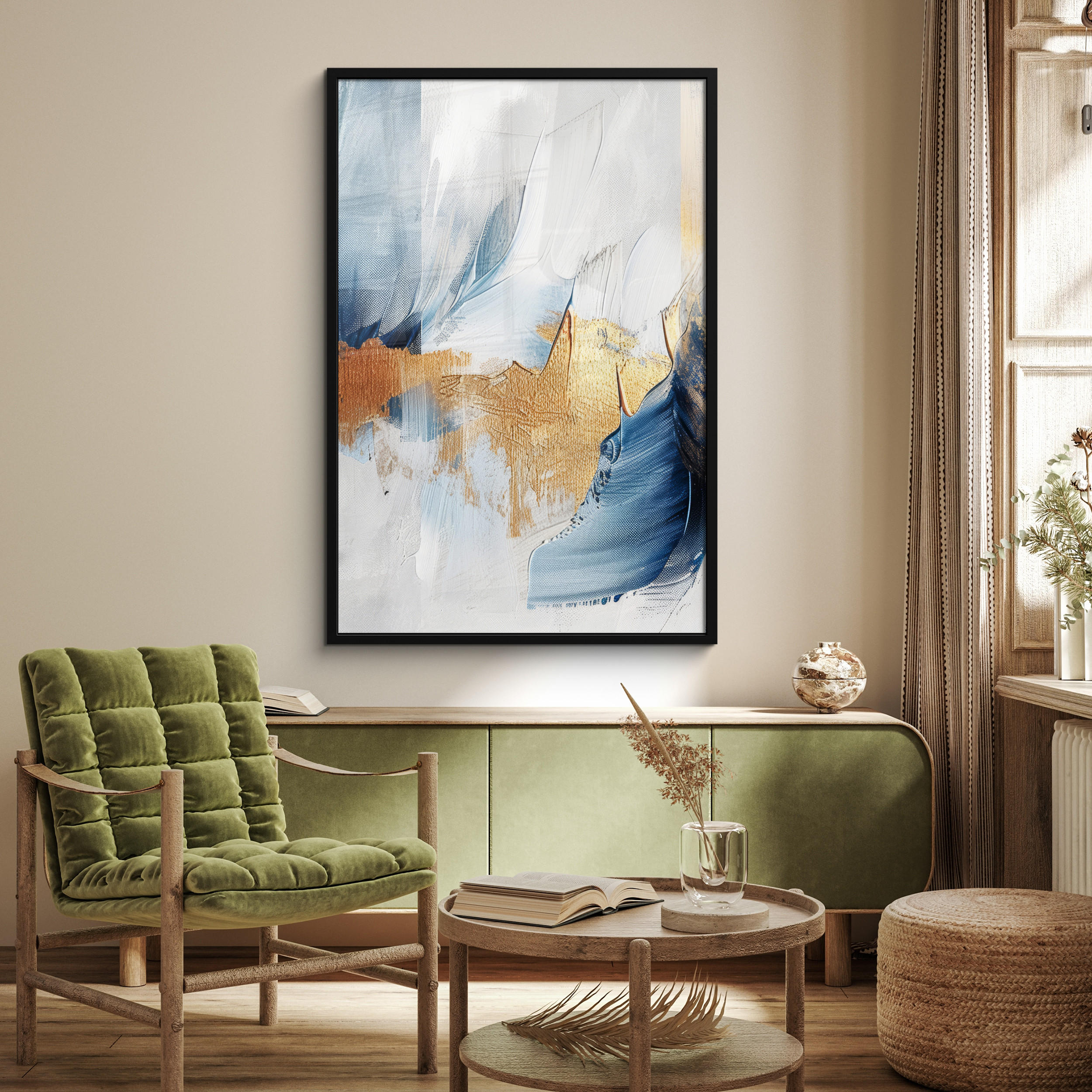 GERAHMTES BILD Gold - Blau - Aquarell - Kunst - Modern 80x120 cm - Hellblau, Papier (80/120cm) - MuchoWow
