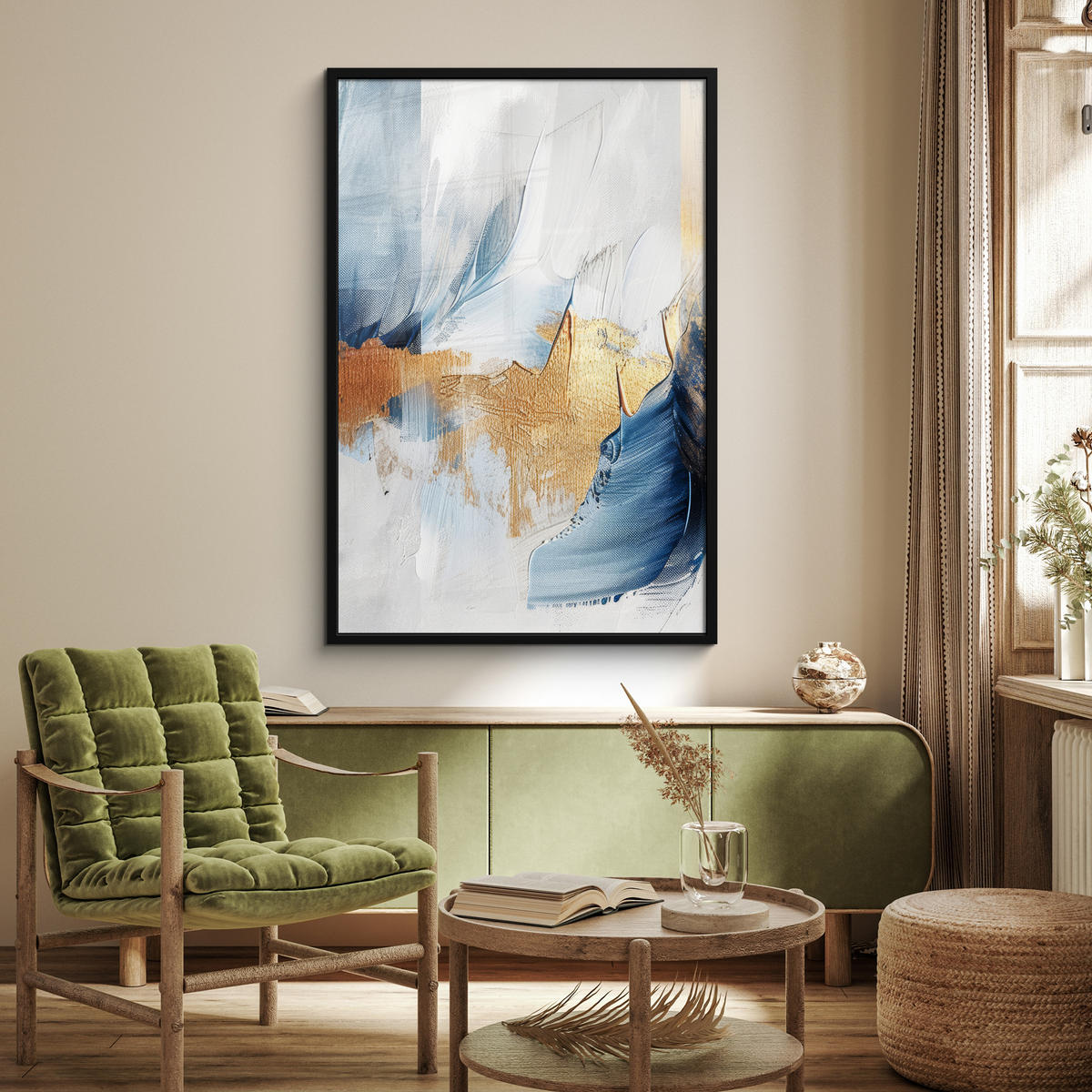 GERAHMTES BILD Gold - Blau - Aquarell - Kunst - Modern 80x120 cm - Hellblau, Papier (80/120cm) - MuchoWow