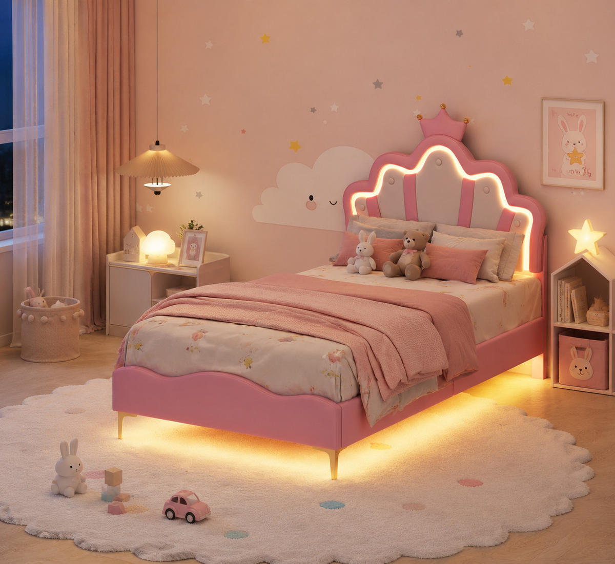KINDERBETT 90 x 200 cm mit LED-Beleuchtung und höhenverstellbarem Kopfteil - Goldfarben/Rosa, Leder/Holz (90/200cm) - PARAFTA HOME