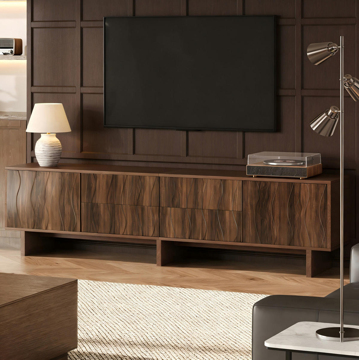 TV ormarić od iverice 180x40x56 cm tamni orah s 4 ladice, 2 vrata i valovitim dizajnom - smeđa, drvni materijal (180/56/40cm) - Modfu