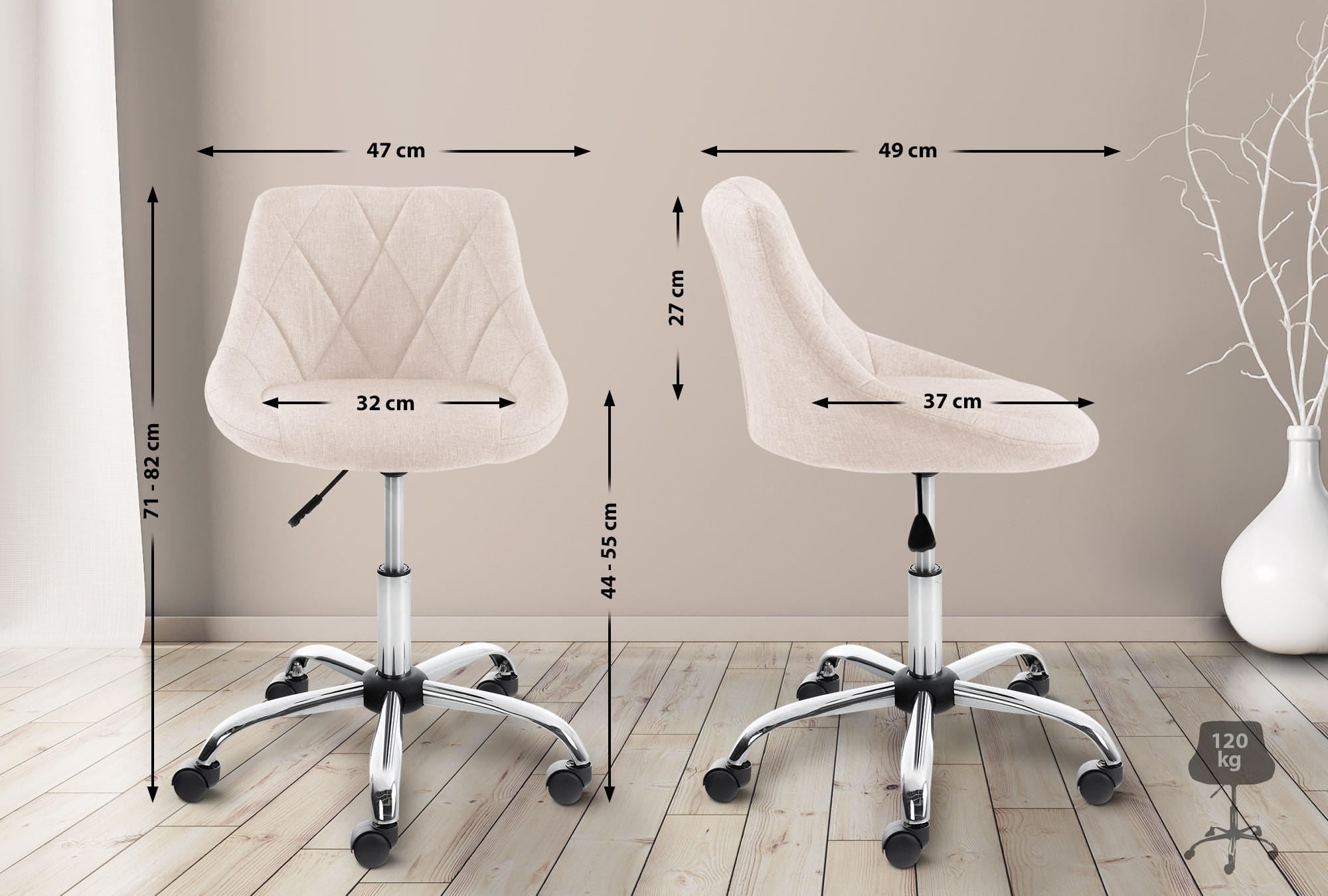 ARBEITSHOCKER Lazius Stoff creme - Naturfarben, Metall (47/82/49cm) - TPFLiving