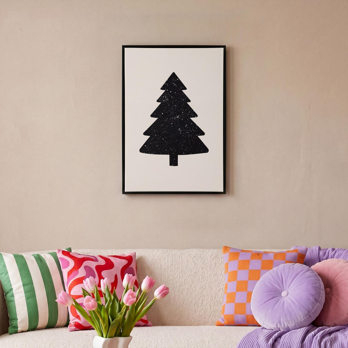 LEINWAND Bilder mit Rahmen - Weihnachtsbaum - Schwarz - Urlaub - Beige - 40x60 - Schwarz, Textil (40/60cm) - MuchoWow