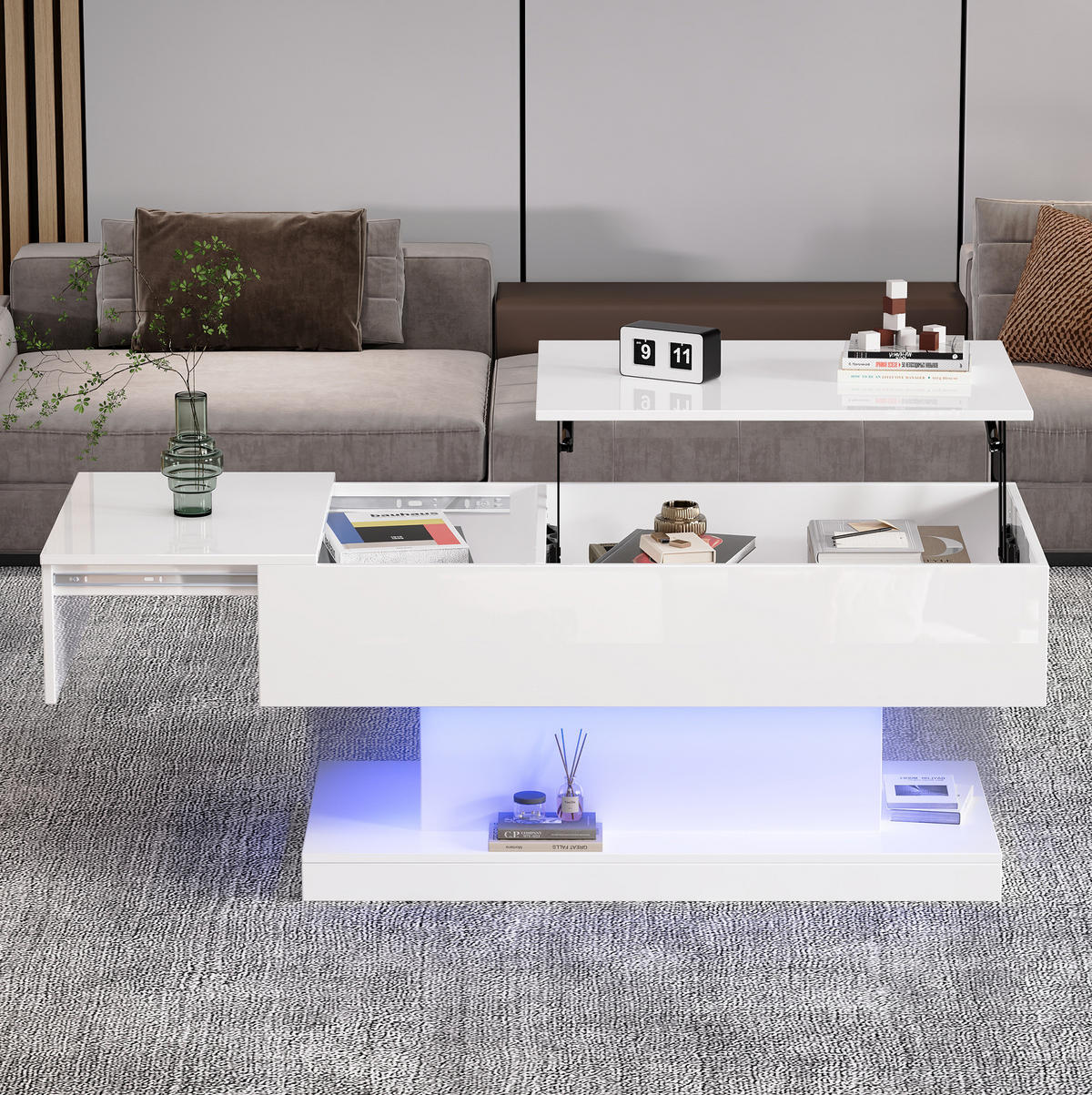 COUCHTISCH aus Spanplatte 100x50x45 cm in Weiß mit Liftfunktion & LED - Weiß, Holzwerkstoff (100/50/45cm) - Modfu