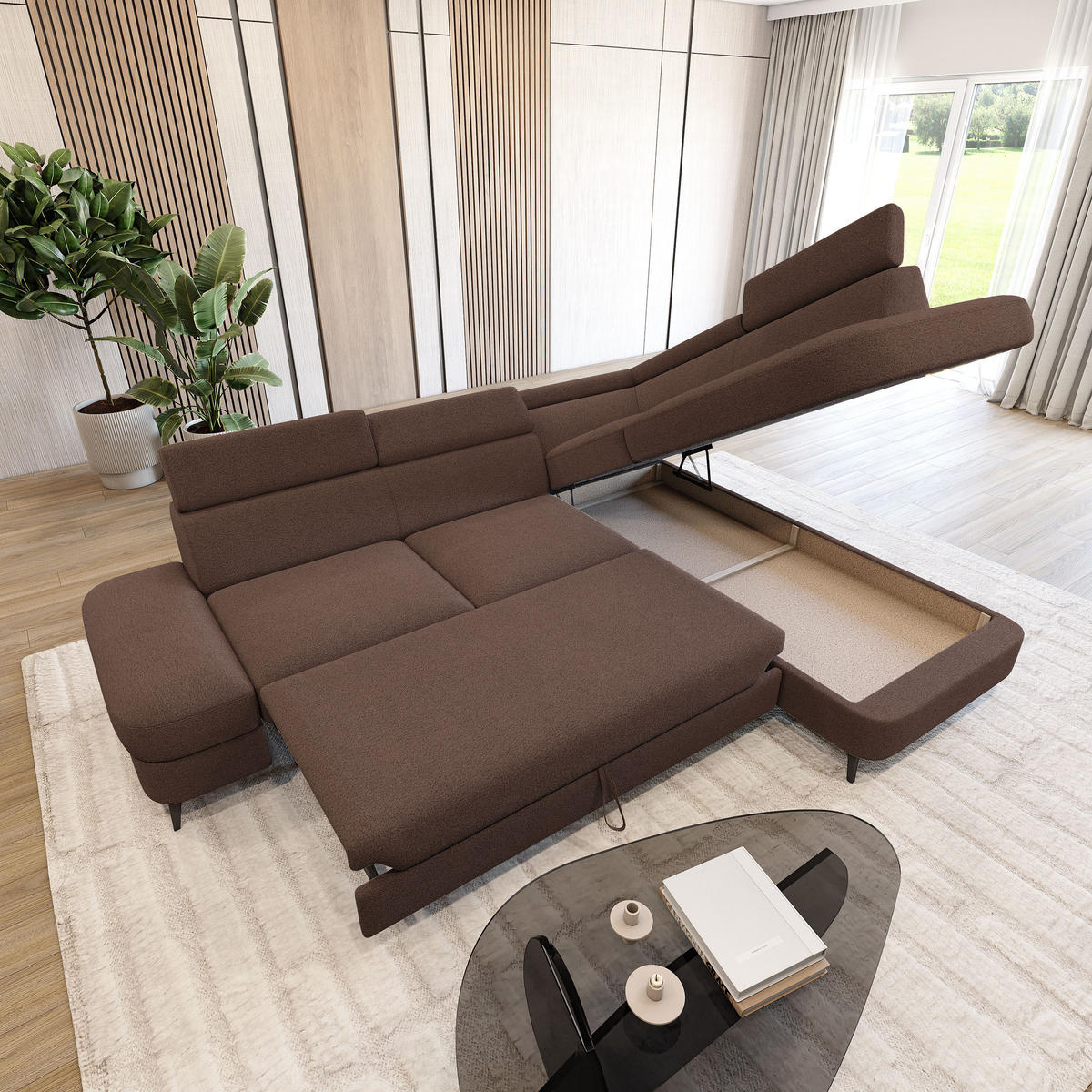 ECKSOFA AVISE Q R-S Braun Boucle-Stoff mit Schlaffunktion - Braun, Holzwerkstoff/Textil (268/195cm) - MASSENO