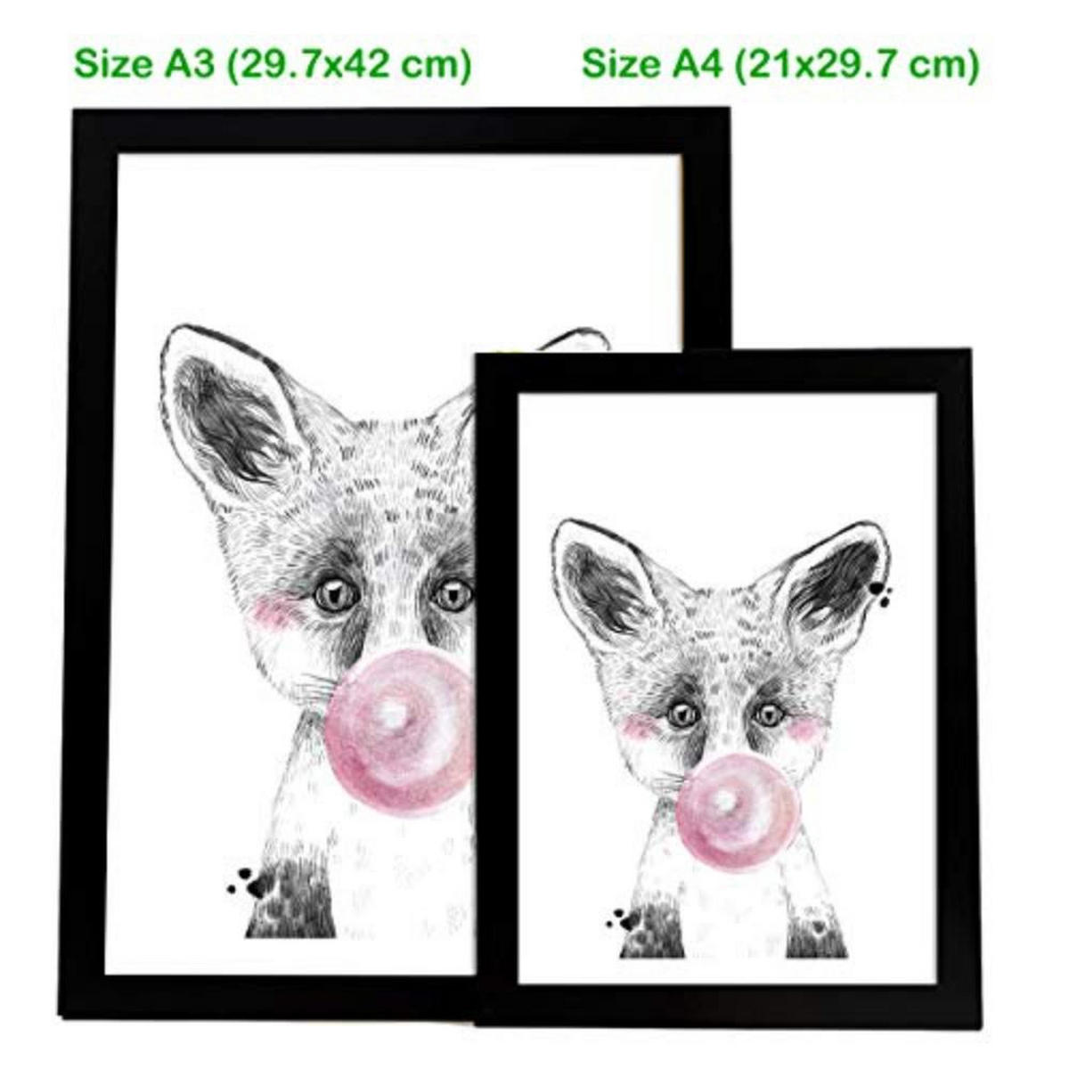 POSTER Set mit 4 Rundedanimals mit rosa Gummi A3 Schwarzer Rahmen - Schwarz, Papier (29.7/3cm) - Nacnic